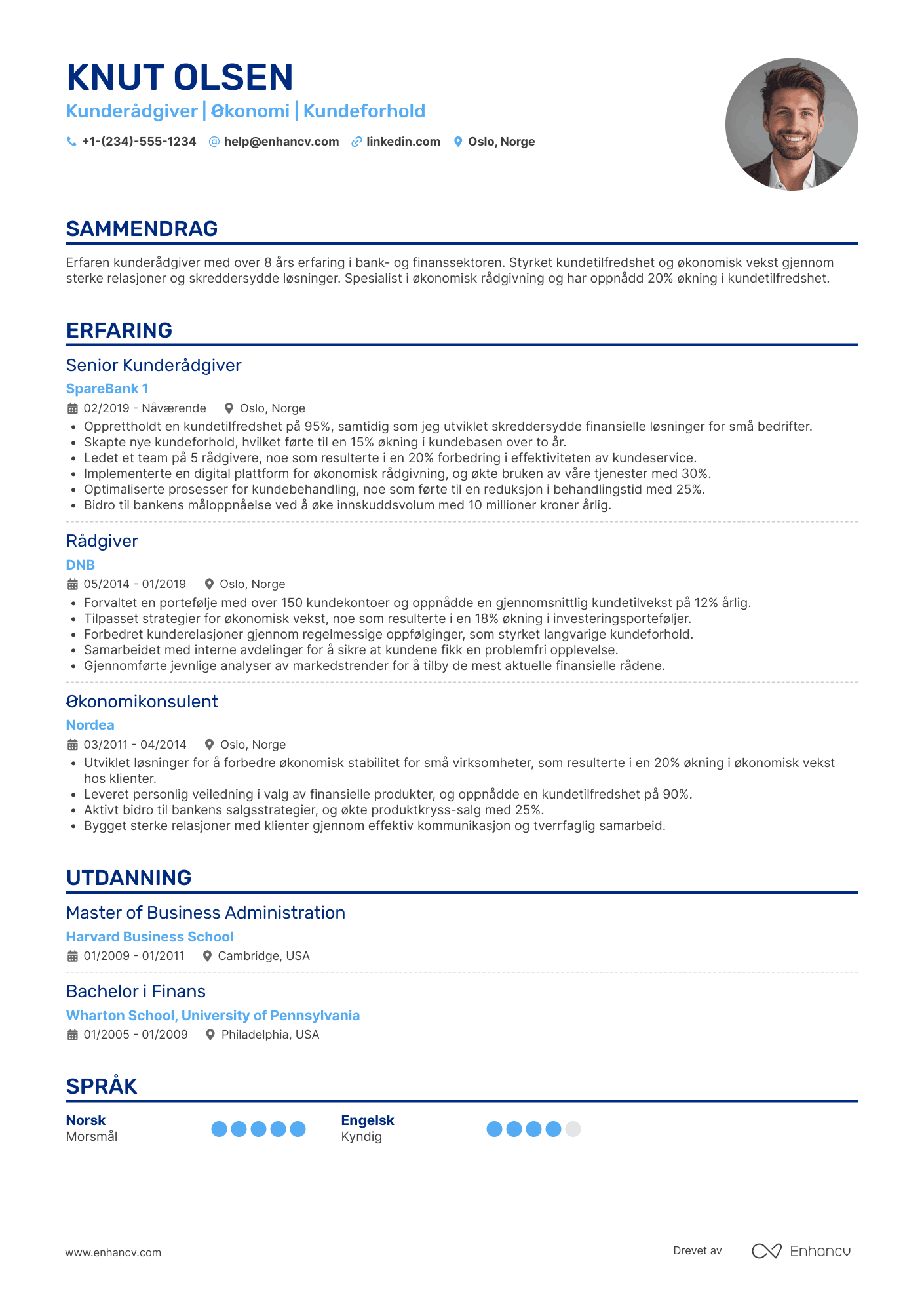 CV for Kunderådgiver i Bank for Små Virksomheder Resume Example