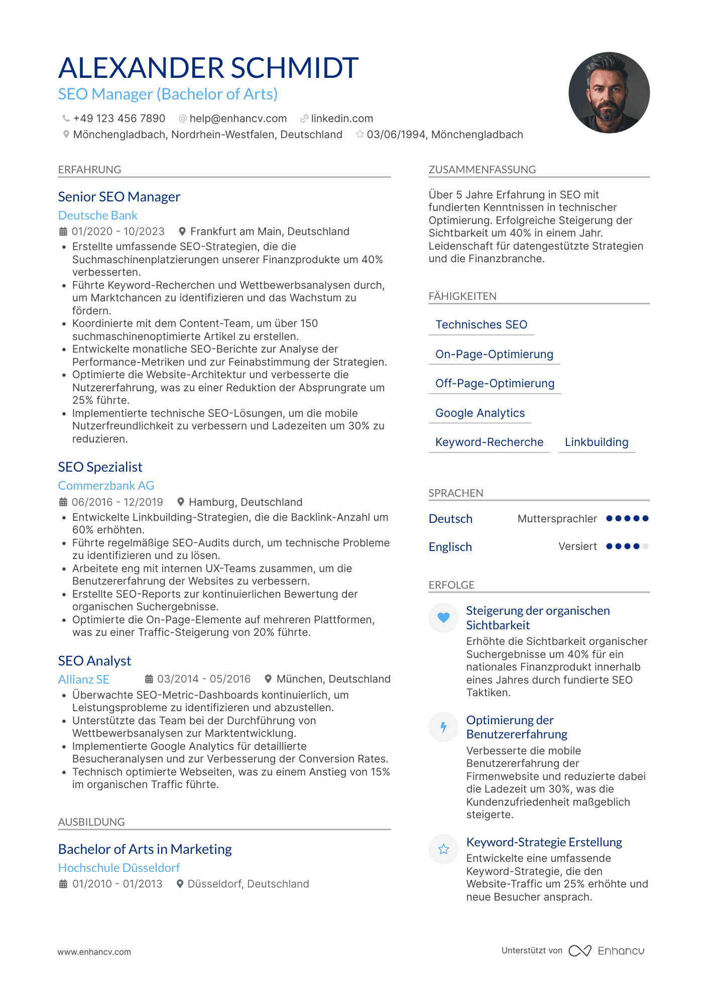 Lebenslauf in SEO Spezialist für die Finanzbranche Resume Example