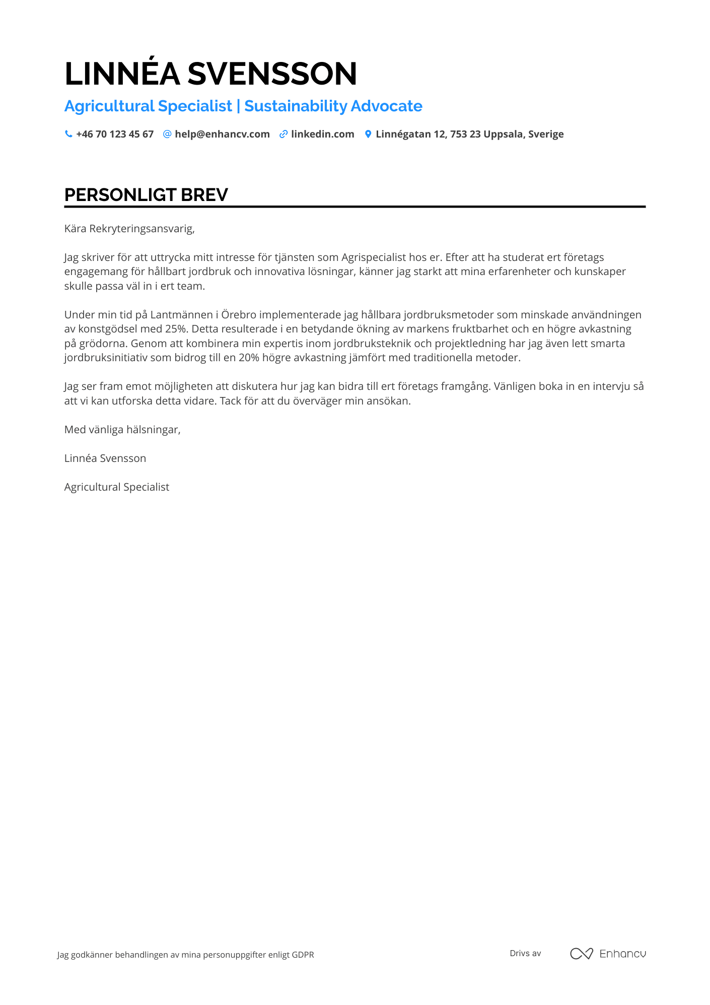 Personligt brev för Lantarbetare trainee Resume Example