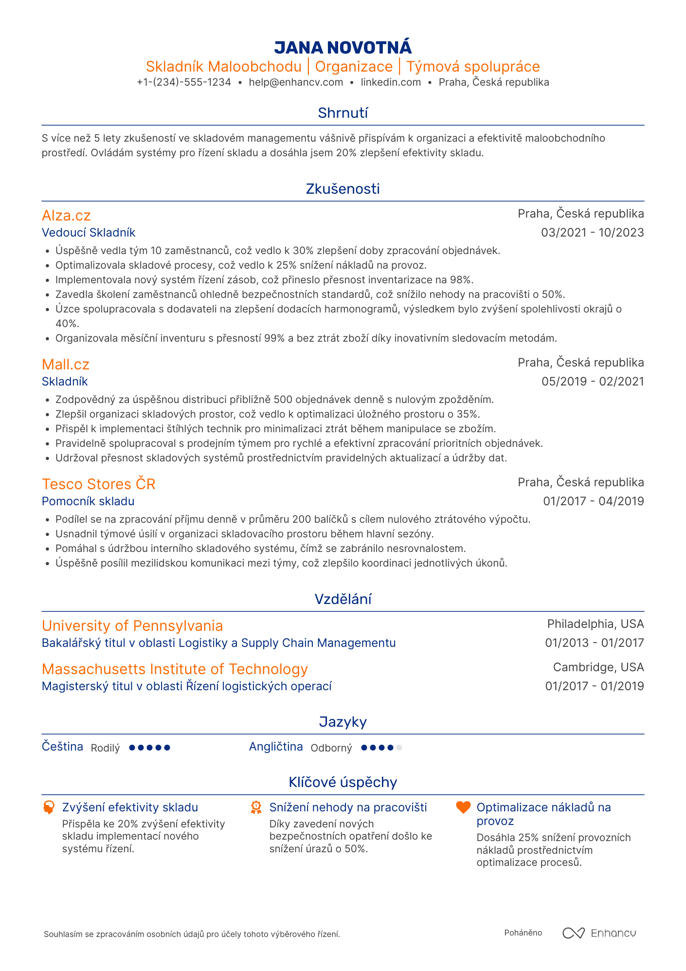 Životopis pro Skladník Maloobchodu Resume Example