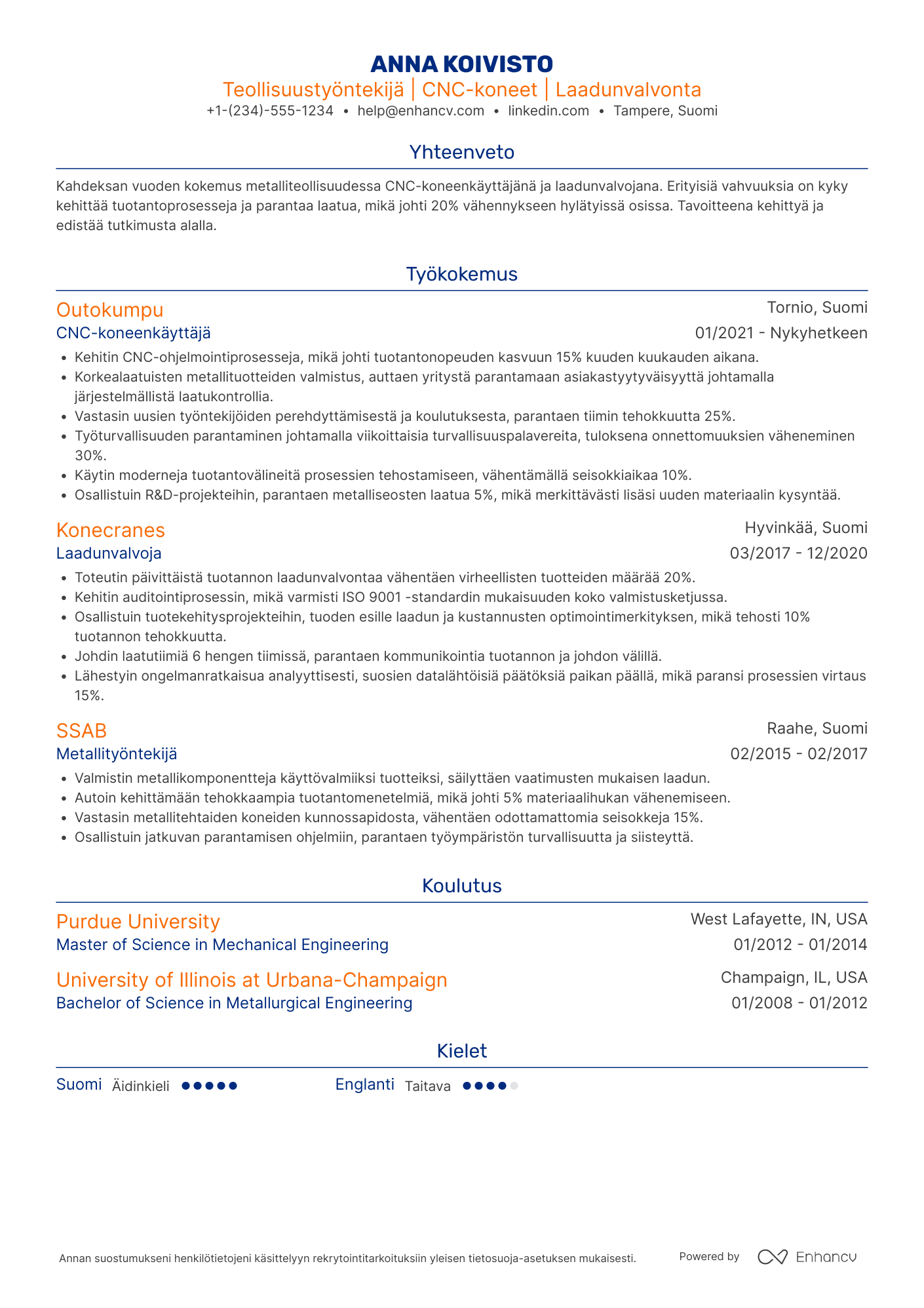 Ansioluettelo Teollisuustyöntekijä Metalliteollisuus Resume Example