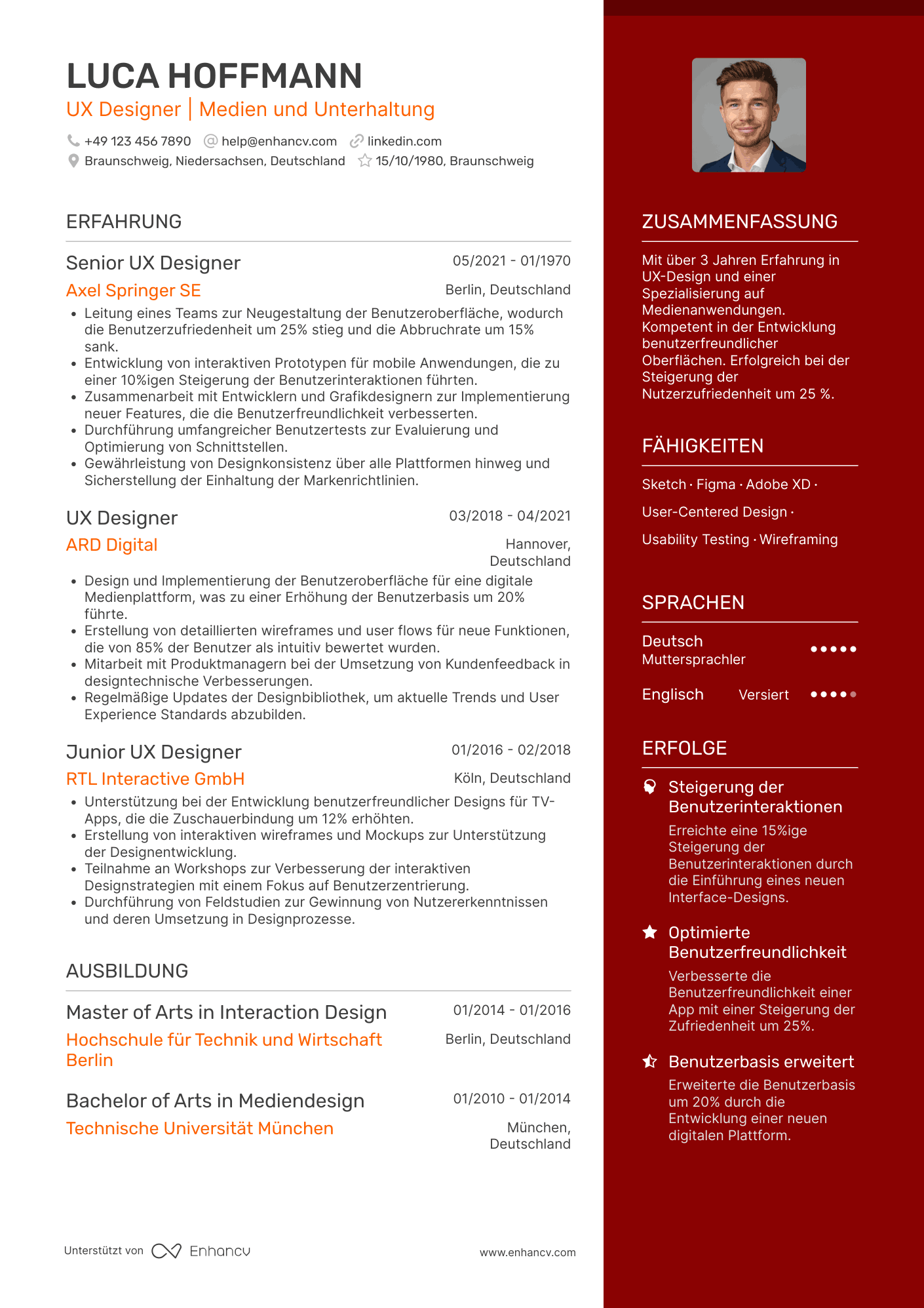 Lebenslauf in UX Designer für Medien und Unterhaltung Resume Example