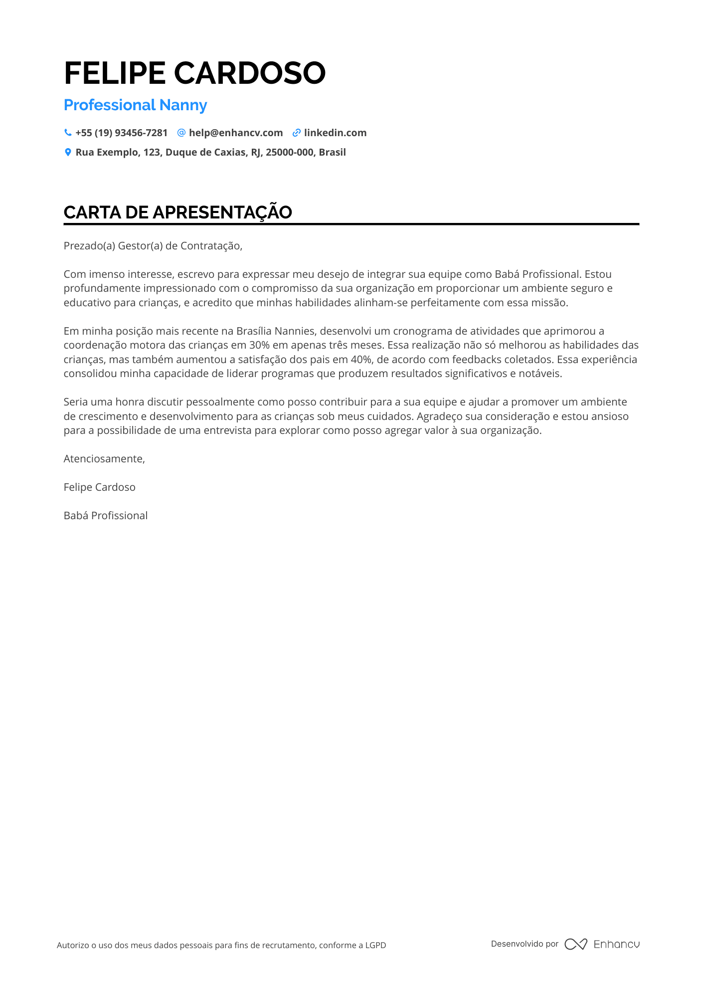 Babá Sênior Resume Example