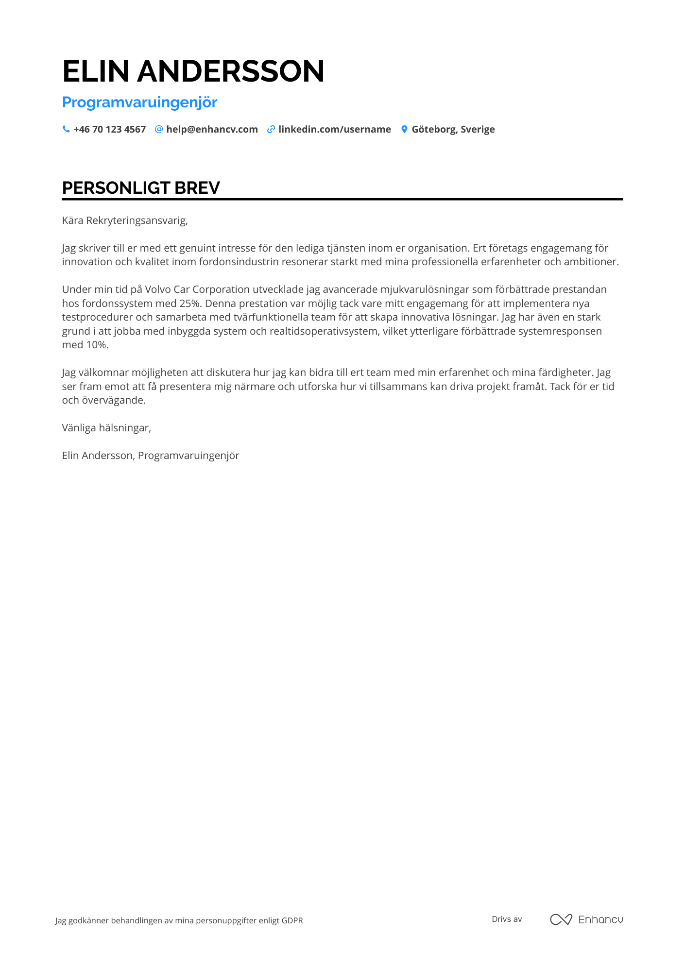 Personligt brev för Programvaruingenjör inom automotive Resume Example