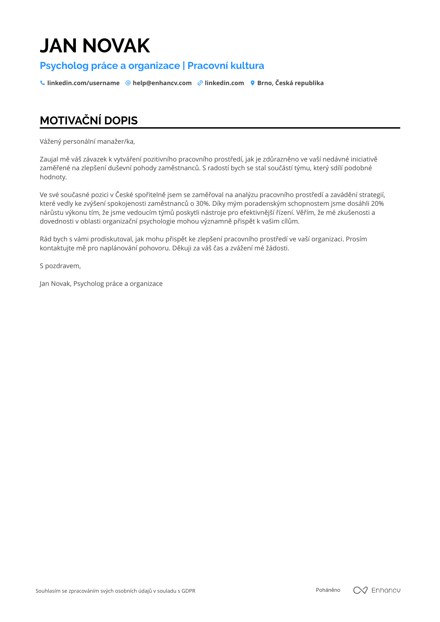 Motivační dopis pro Psycholog práce a organizace Resume Example