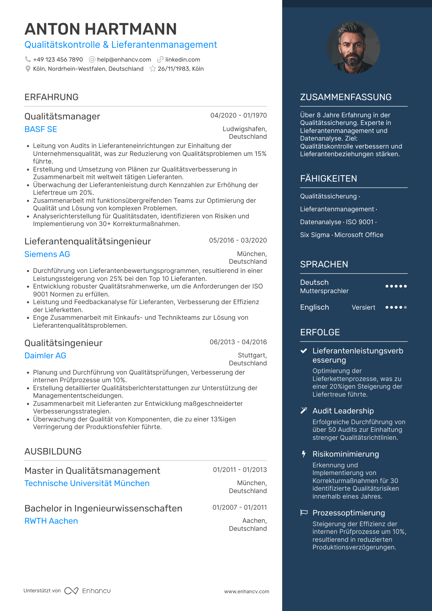 Lebenslauf als Qualitätskontrolleur für Lieferantenmanagement Resume Example