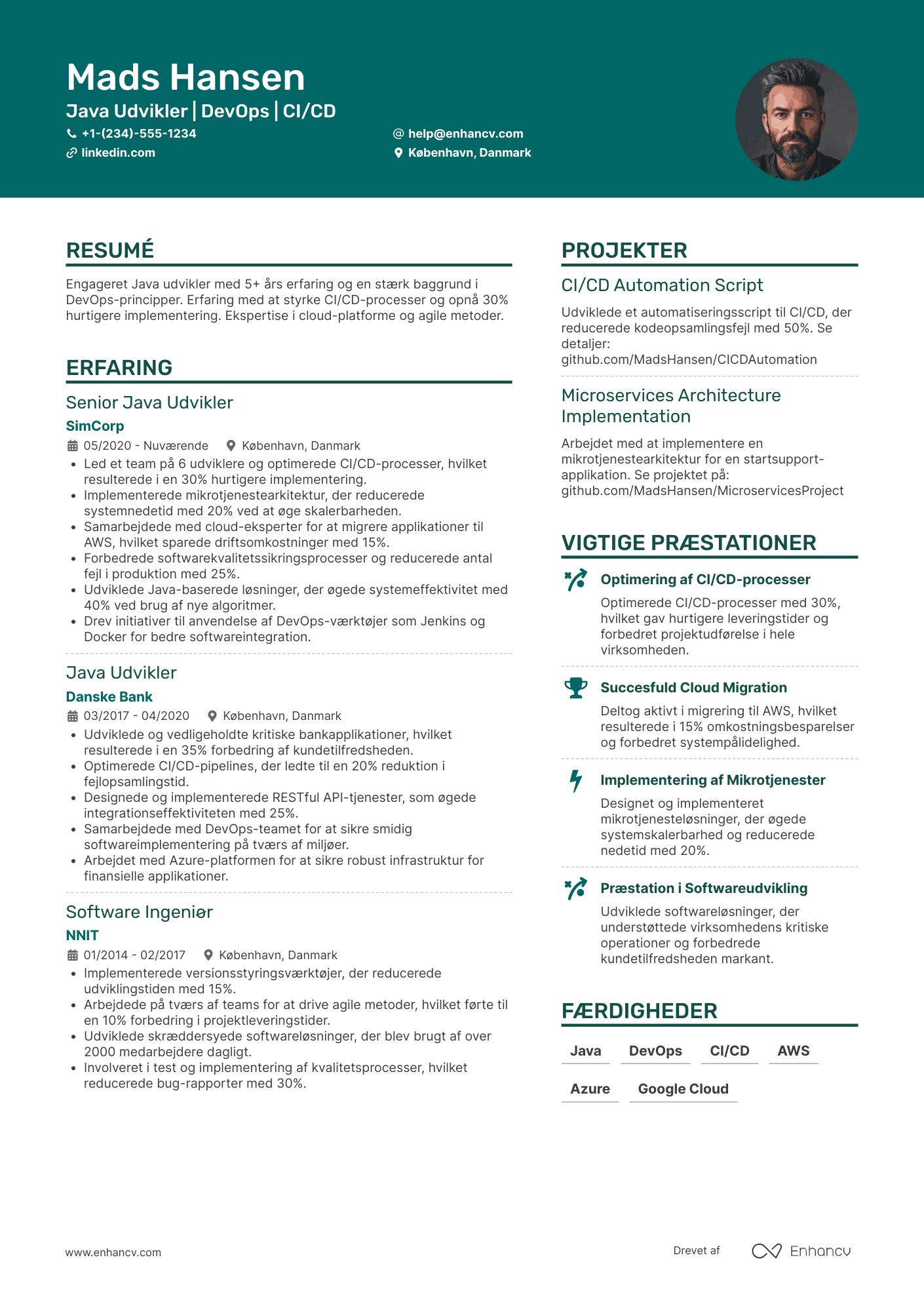 CV til Java Udvikler med DevOps erfaring Resume Example
