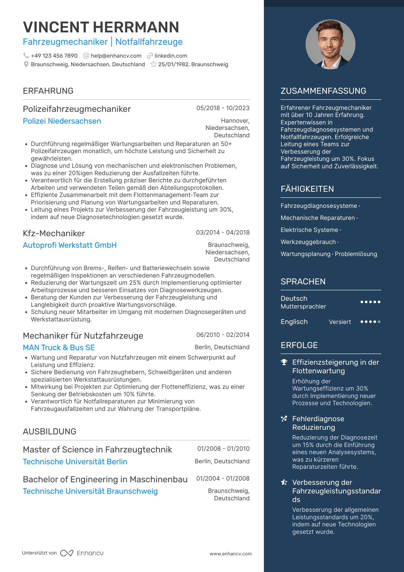 Lebenslauf in Polizei Fahrzeugmechaniker Resume Example