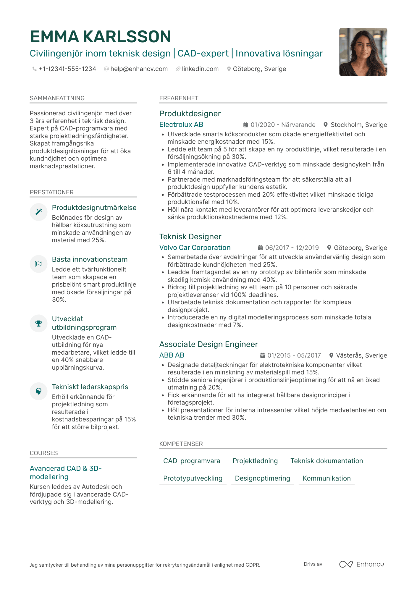 CV för Civilingenjör teknisk design Resume Example