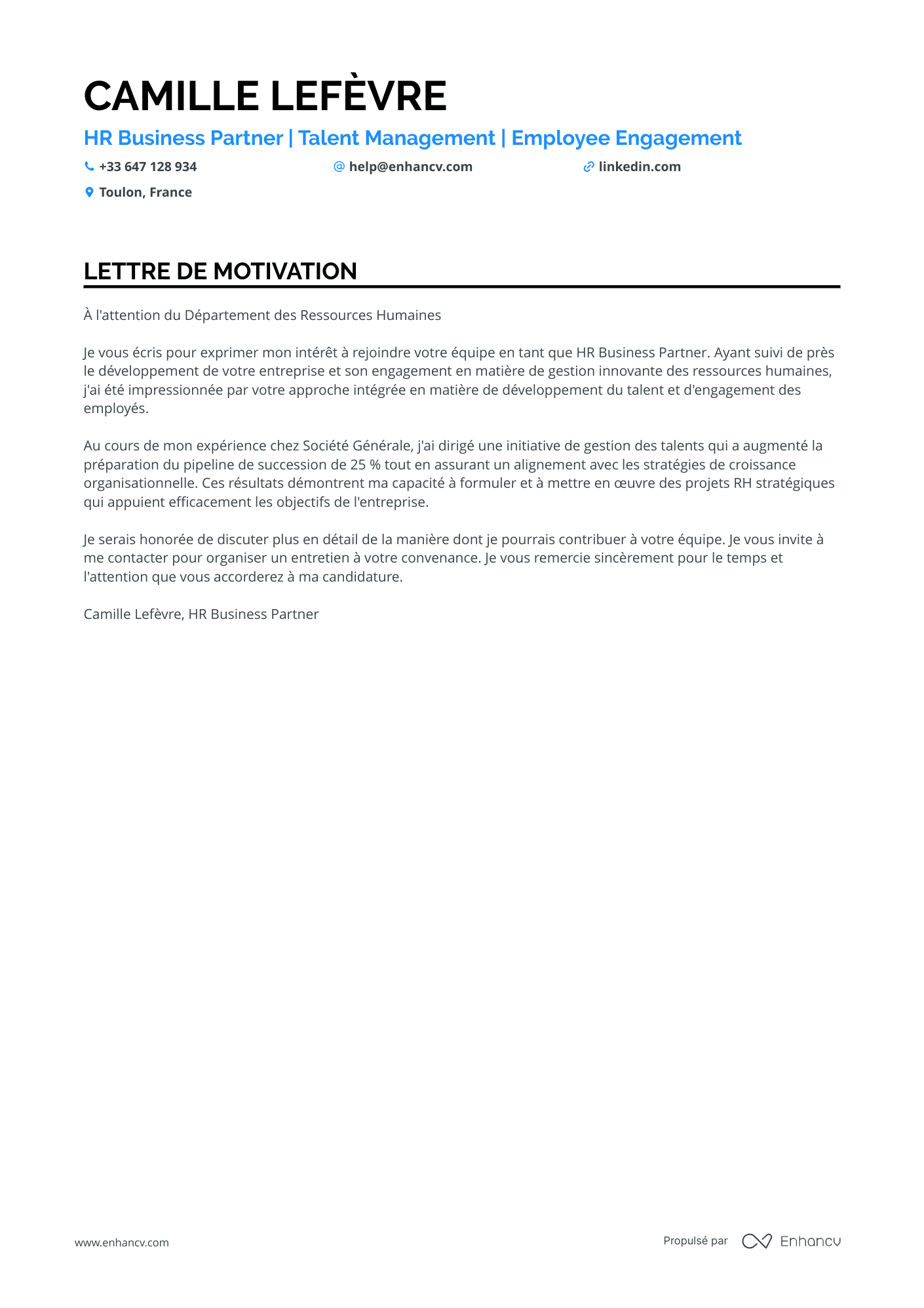 Cadre Exécutif en Ressources Humaines Resume Example