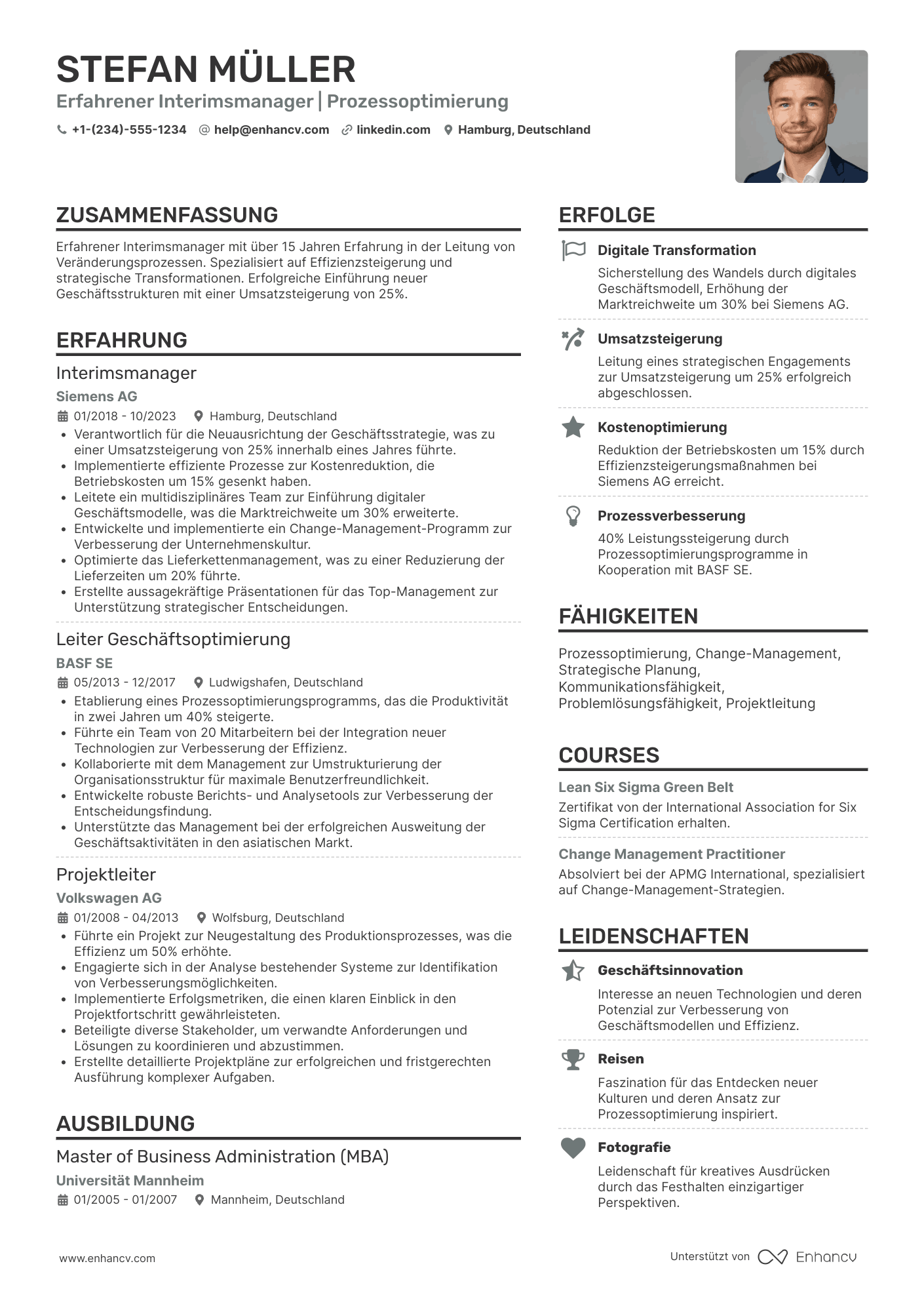 Interim Management / Selbstständiger Berater Resume Example