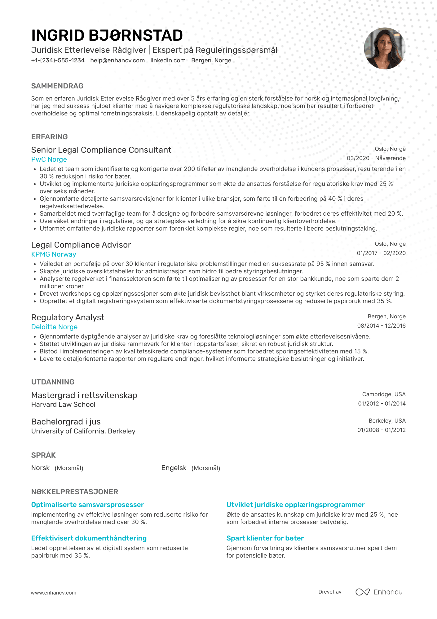 CV for Juridisk Etterlevelse Rådgiver Resume Example