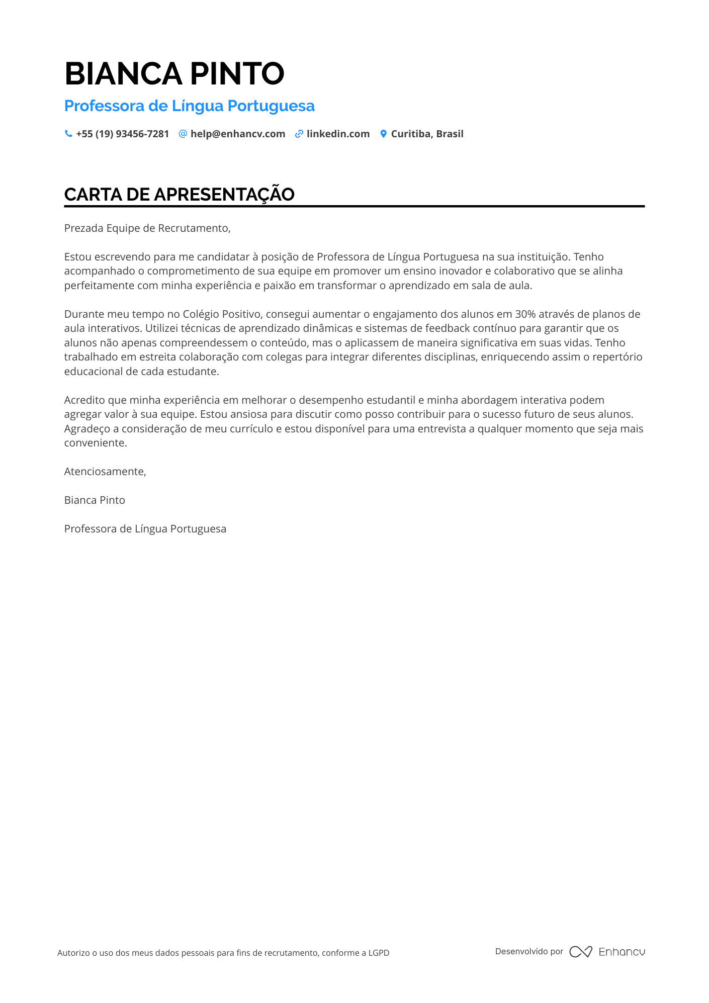 Professor de Língua Portuguesa Resume Example