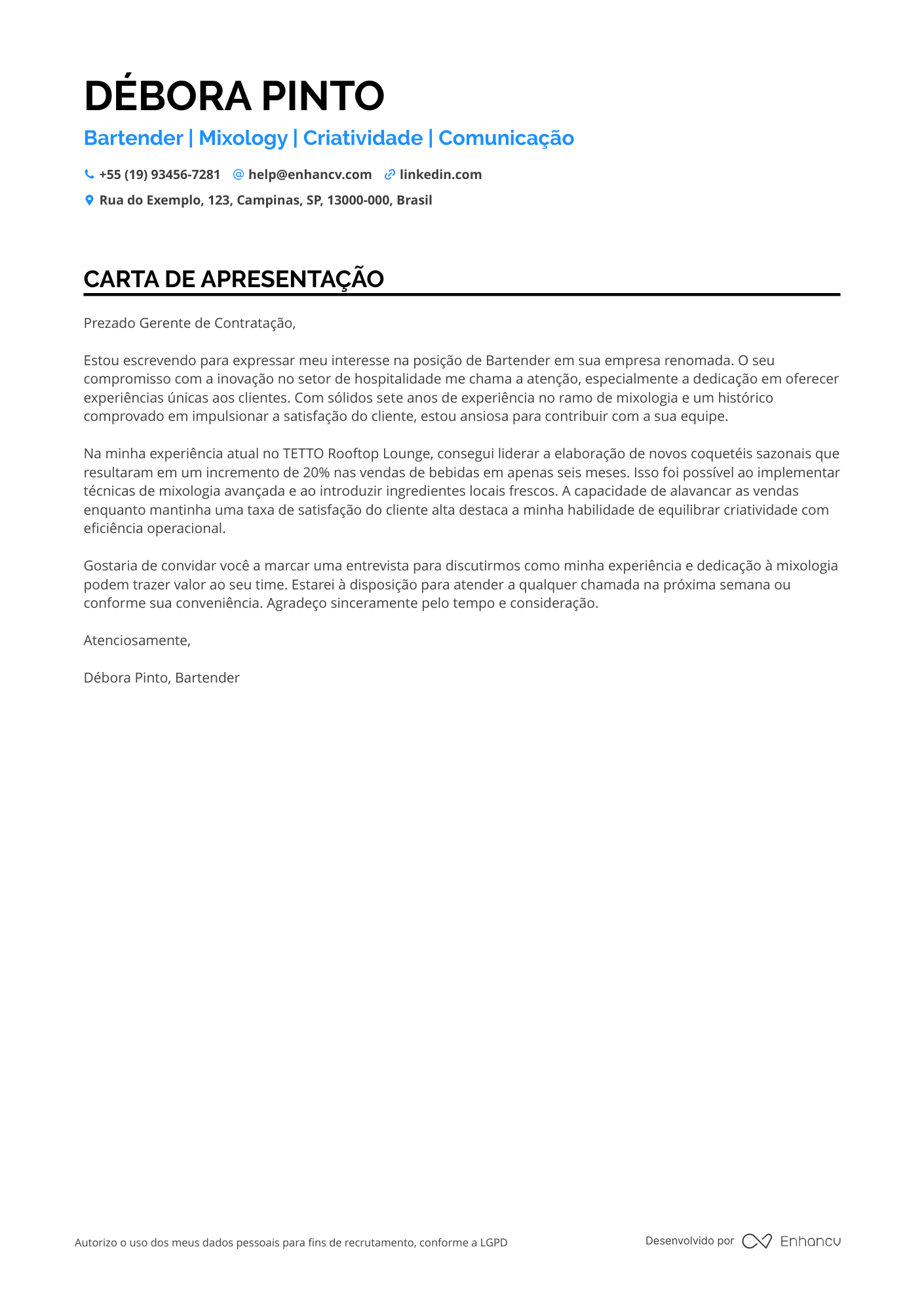 Barman de Resort Resume Example