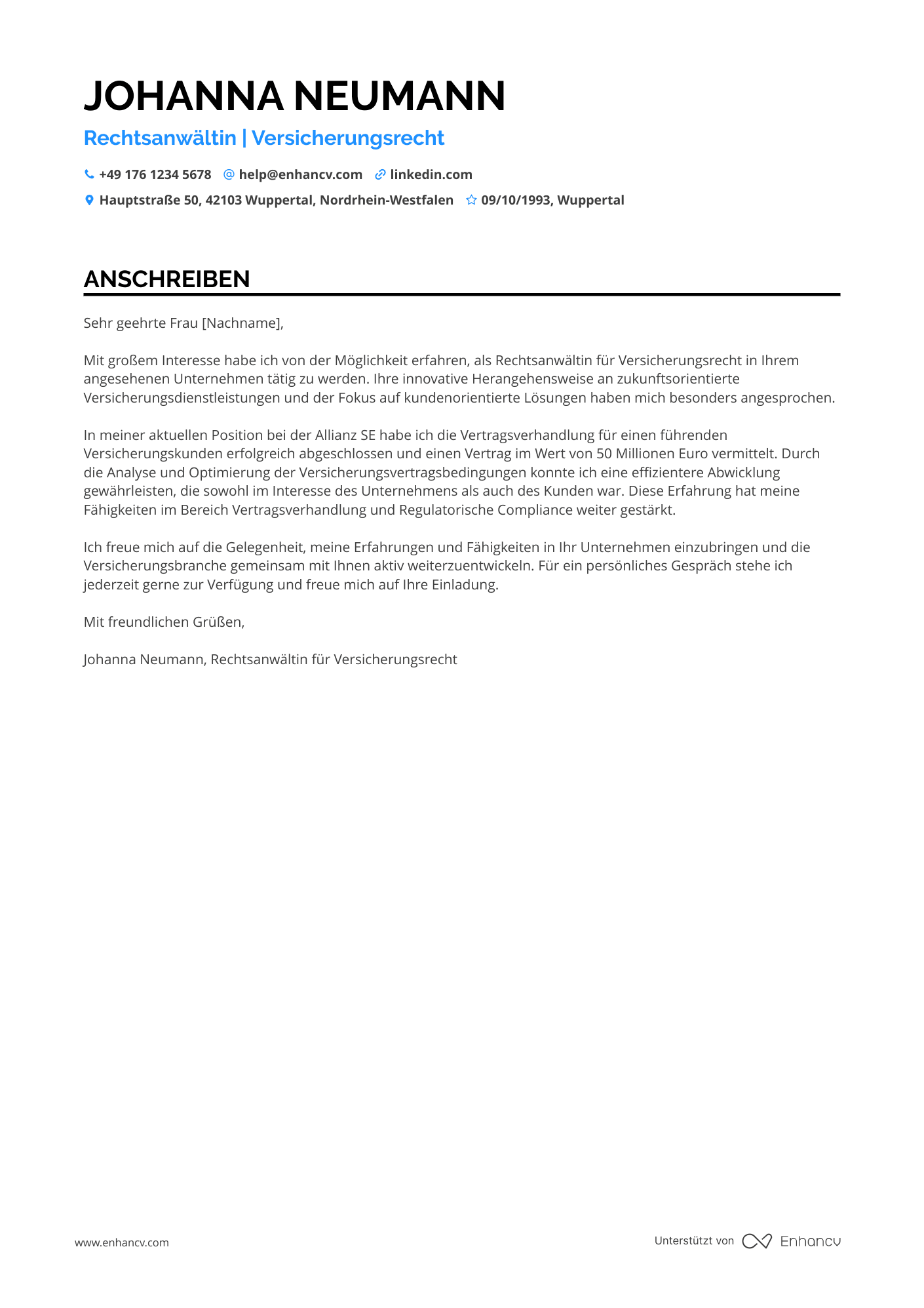 Rechtsanwalt für Versicherungsindustrie Resume Example