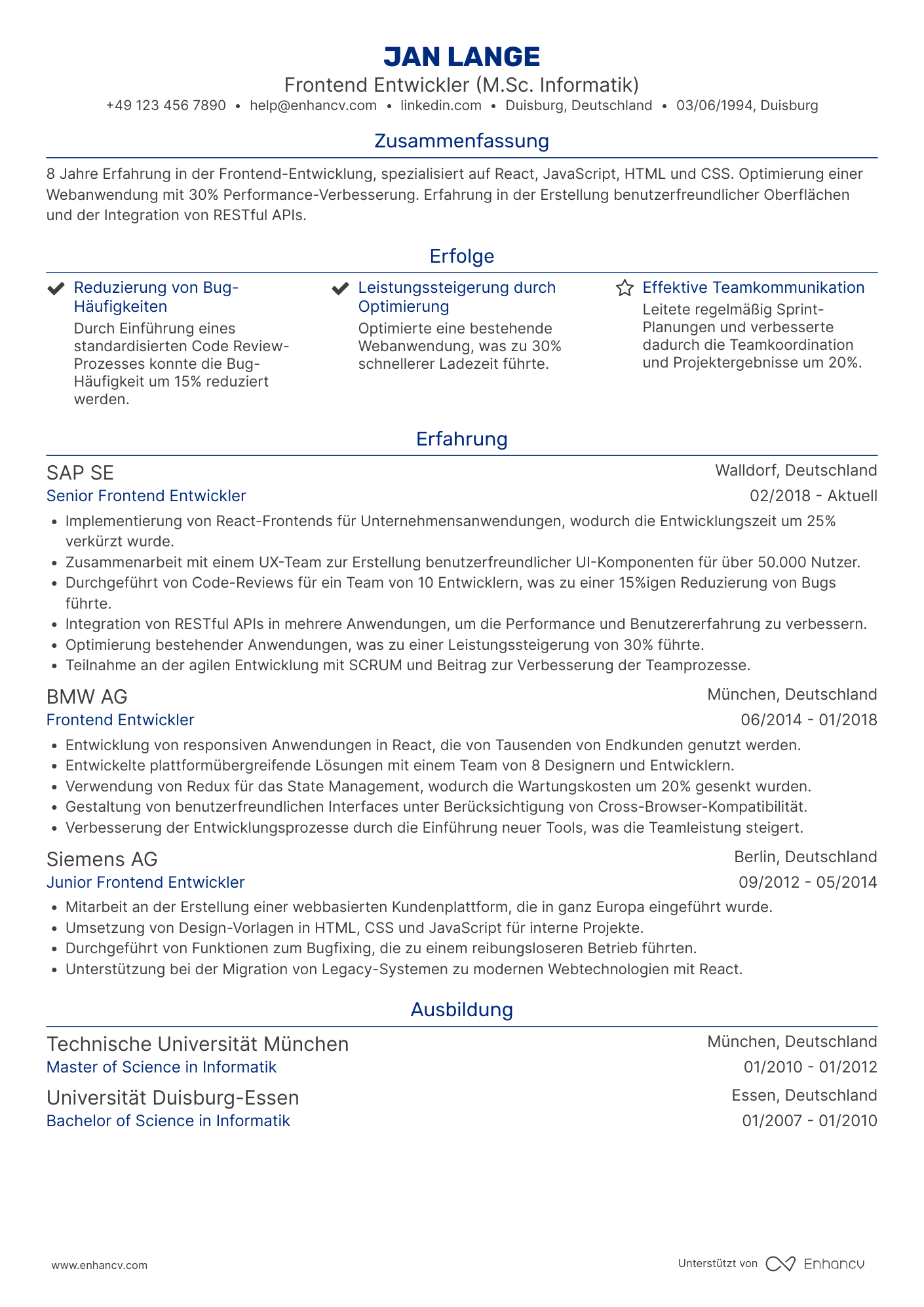 Lebenslauf als Frontend Entwickler für React Resume Example