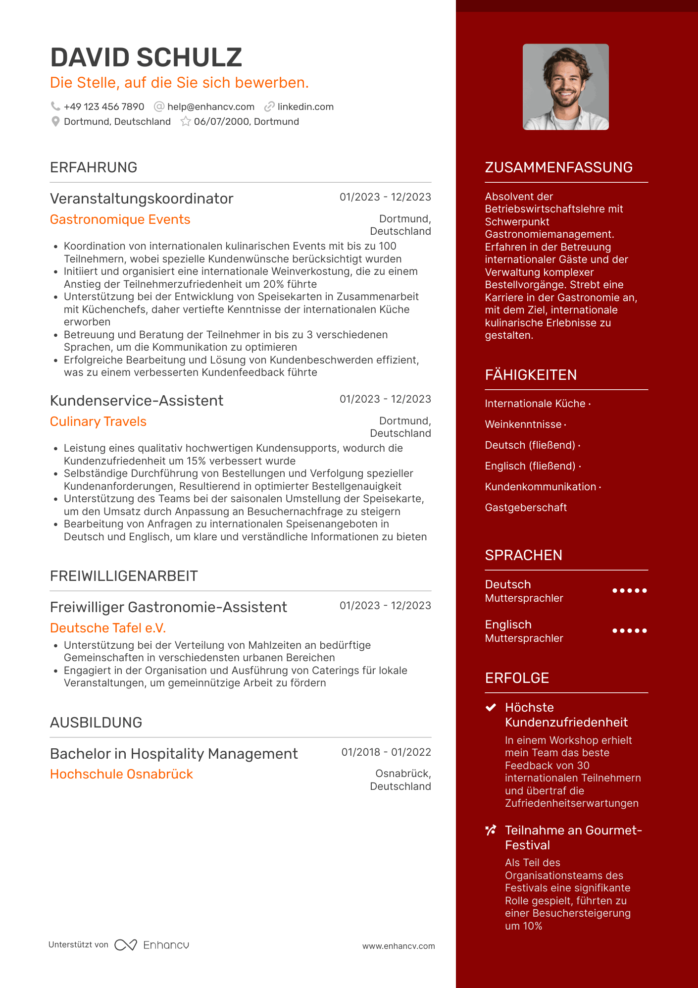 Lebenslauf als Kellner mit Erfahrung in internationaler Küche Resume Example