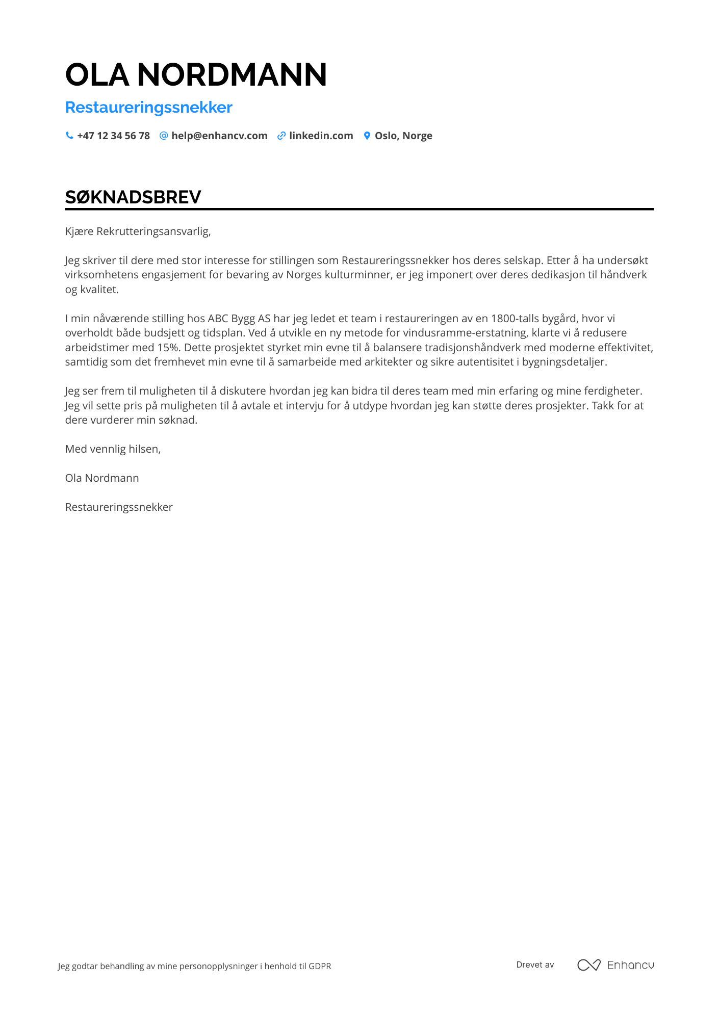 Søknadsbrev for Restaureringssnekker Resume Example