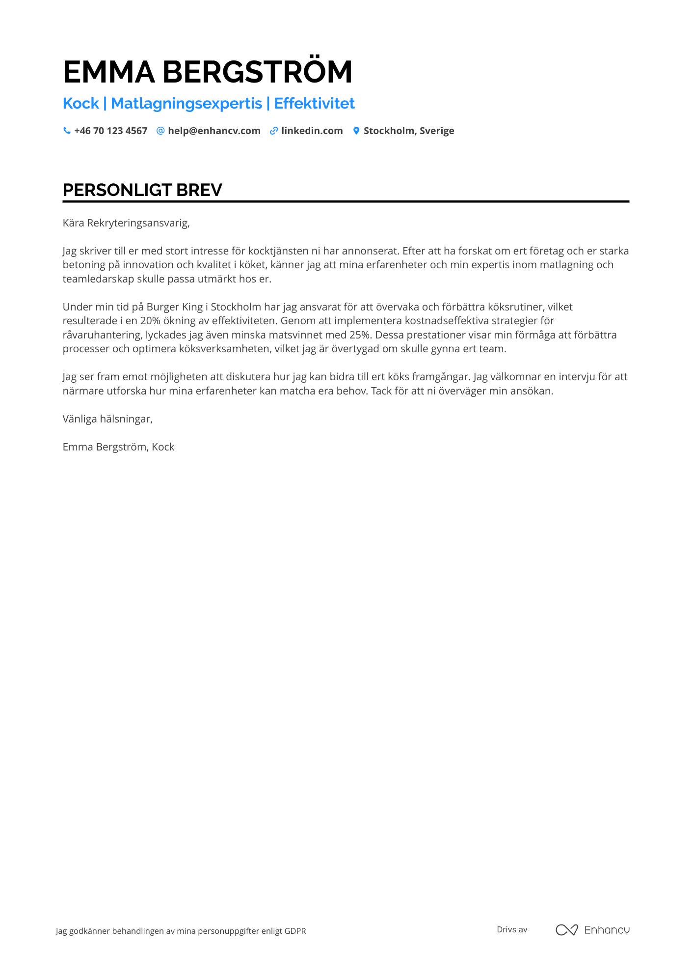 Personligt brev för McDonald's Kock Resume Example