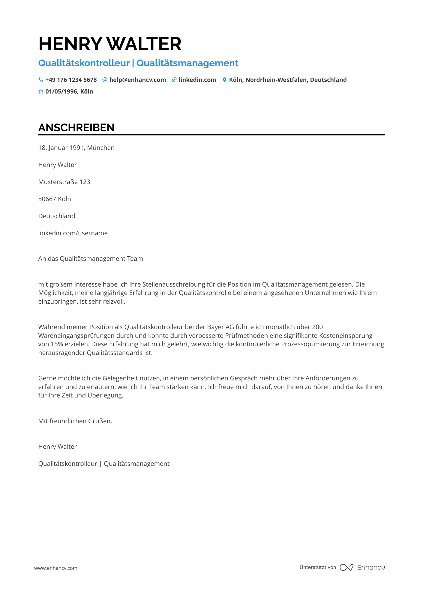 Qualitätskontrolleur für Wareneingang Resume Example