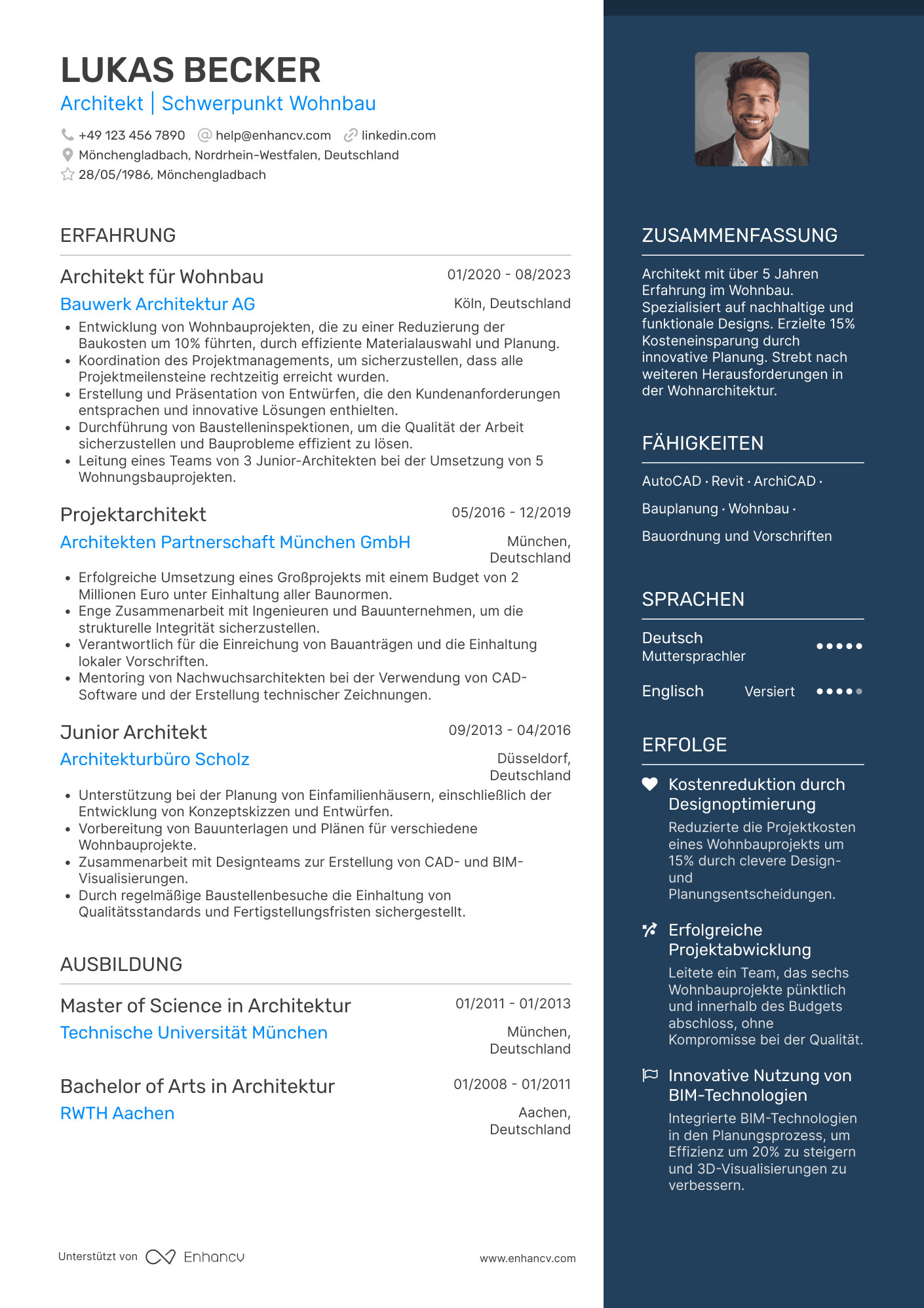Lebenslauf als Architekt für Wohnbau Resume Example