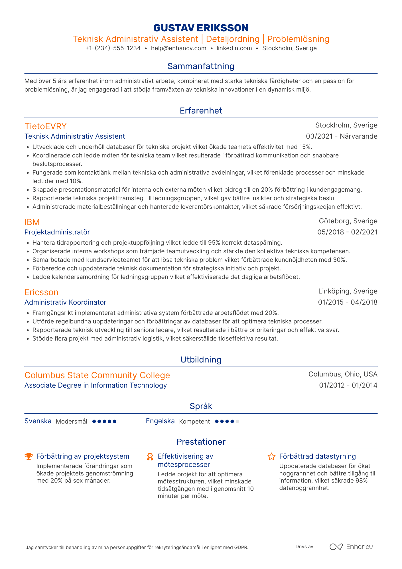 CV för Teknisk Administrativ Assistent Resume Example