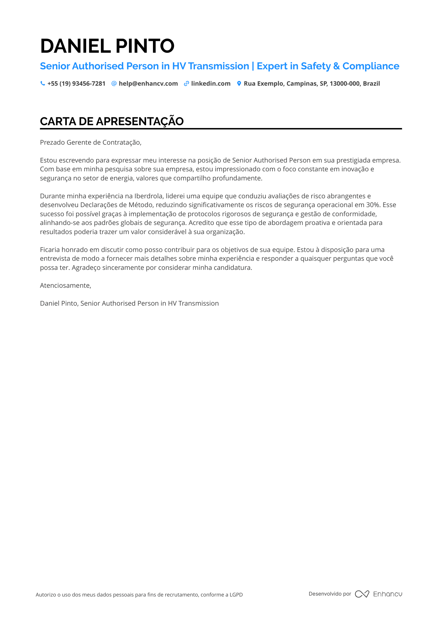 Eletricista de Alta Tensão Resume Example