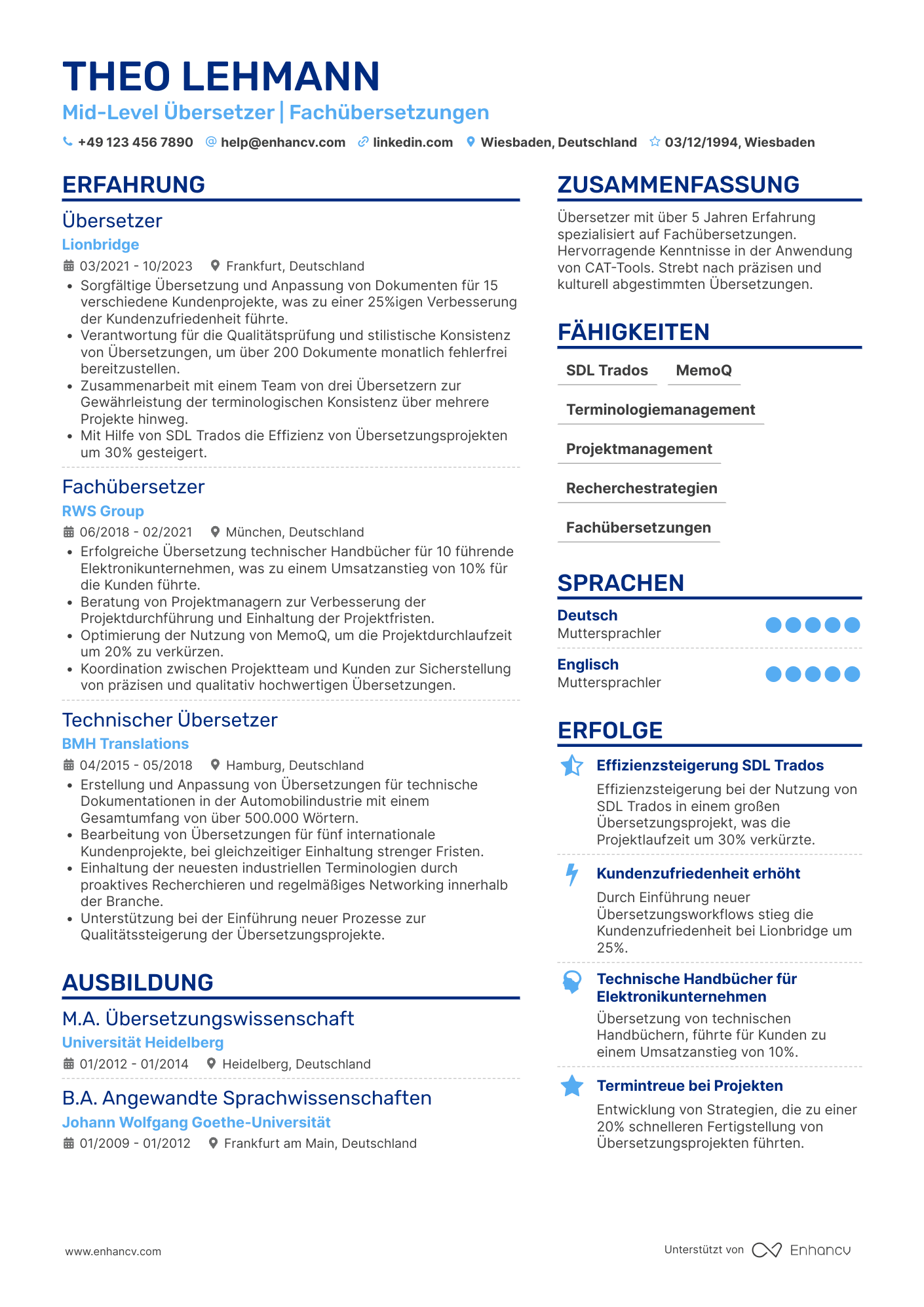 Lebenslauf als Mid Level Übersetzer Resume Example