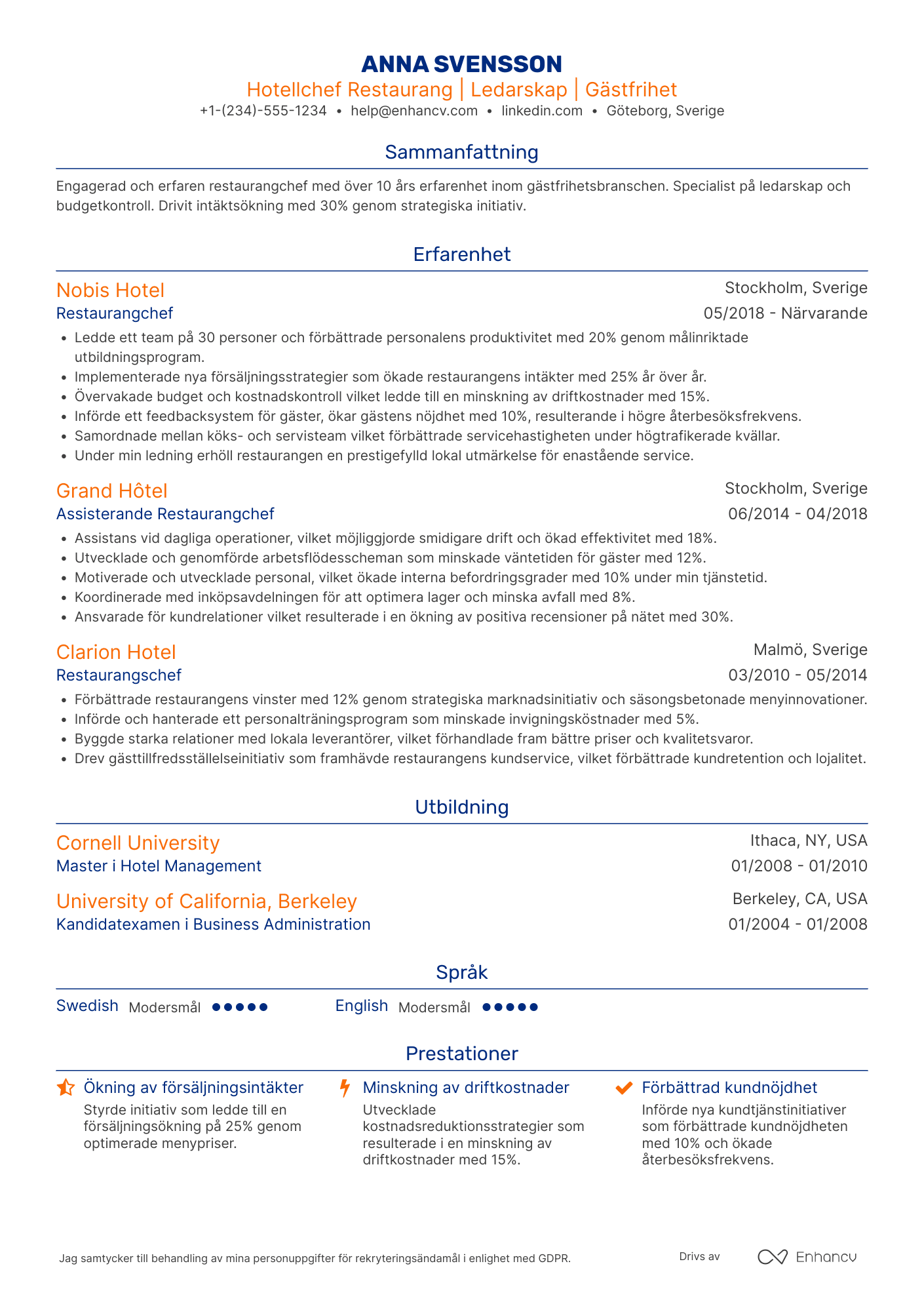 CV för Hotellchef restaurang Resume Example