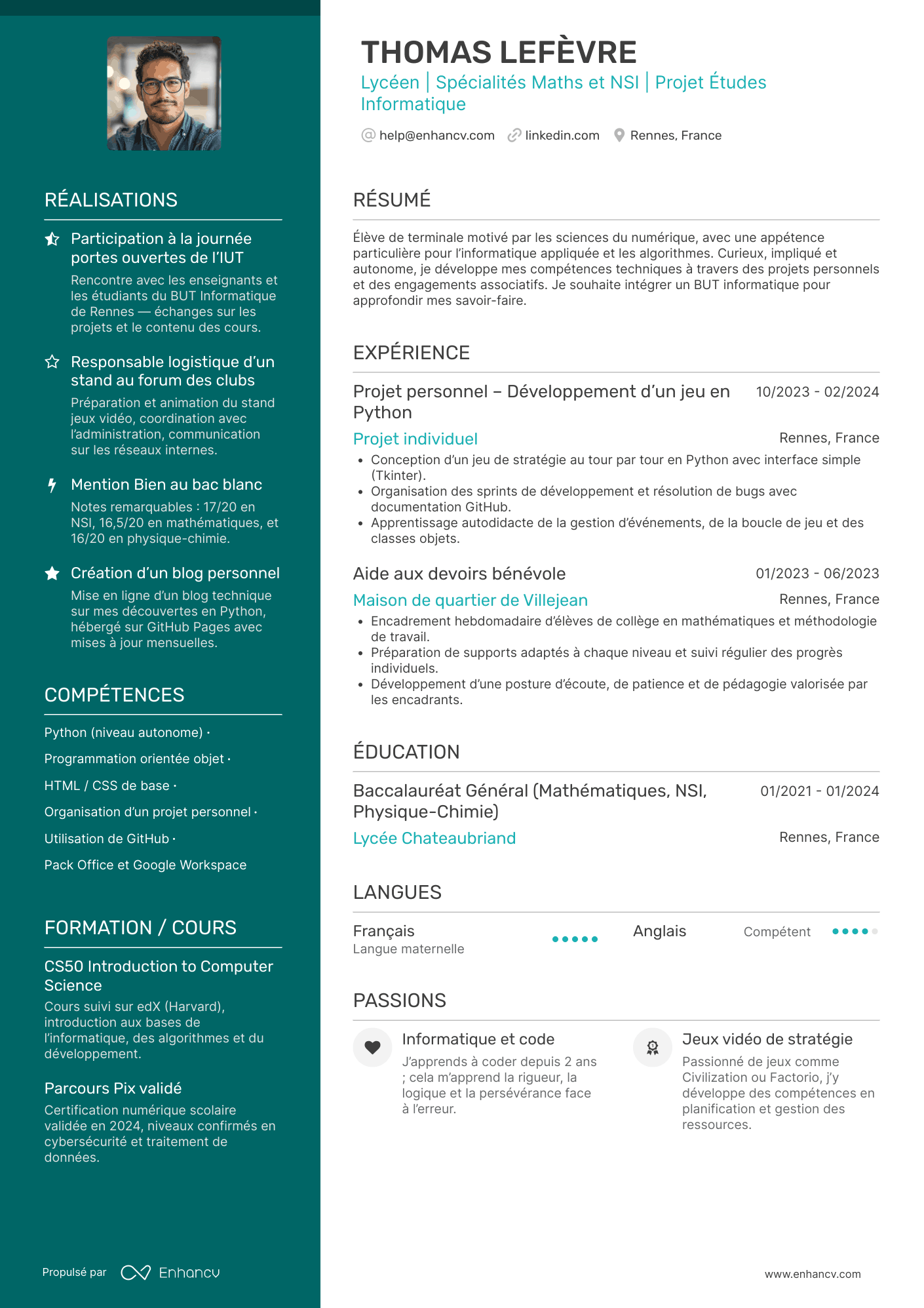 CV lycéen Parcoursup Resume Example