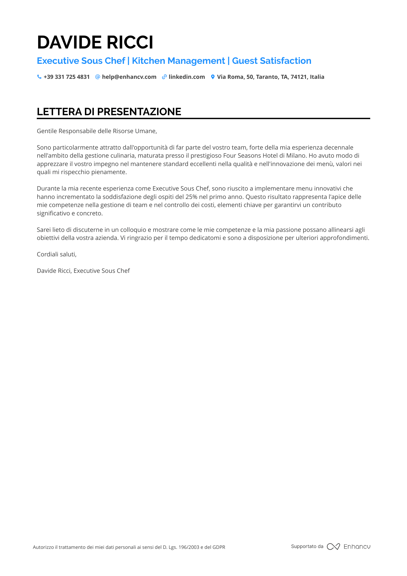 Cuoco Esecutivo Resume Example