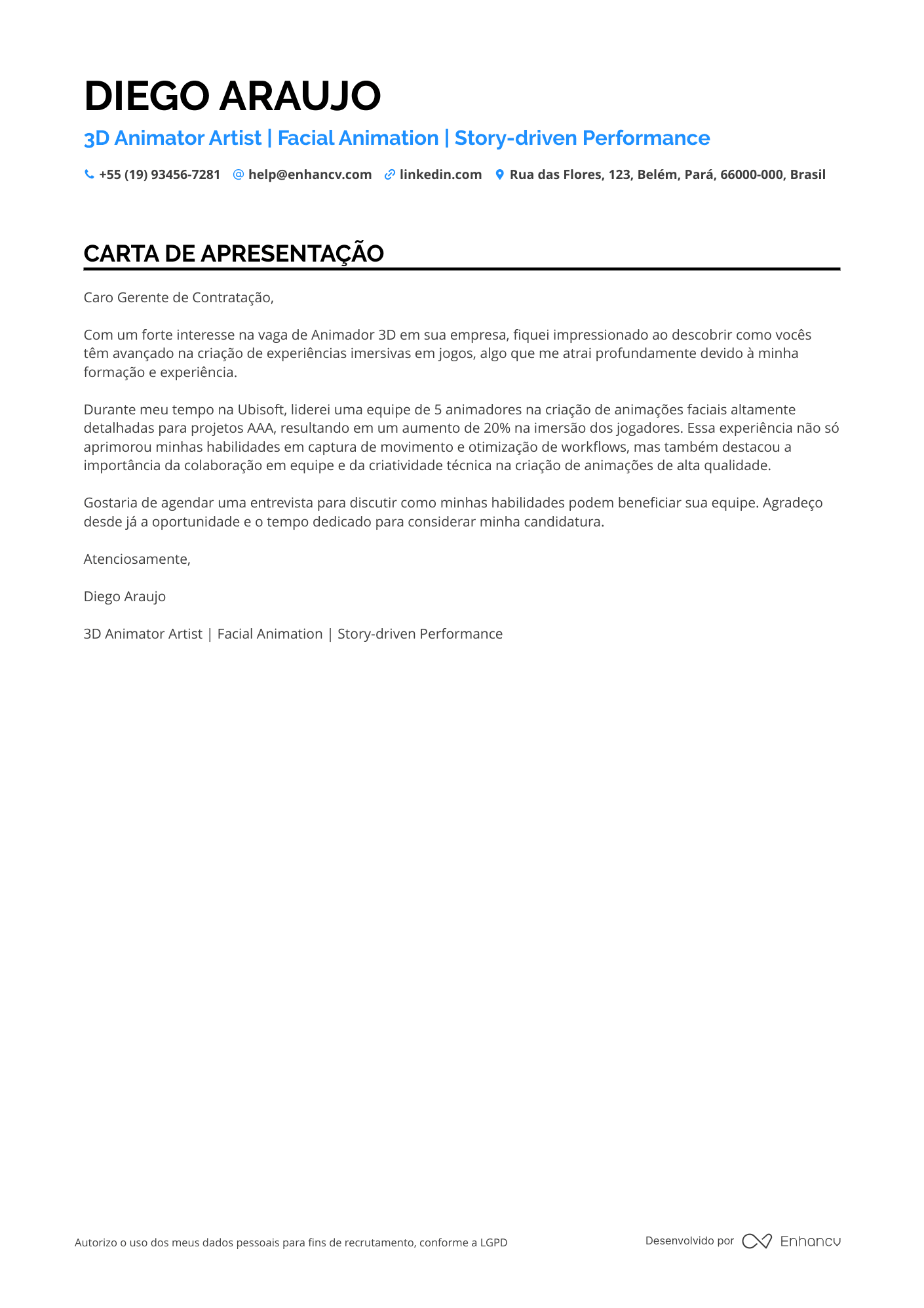 Artista de Animação 3D Resume Example
