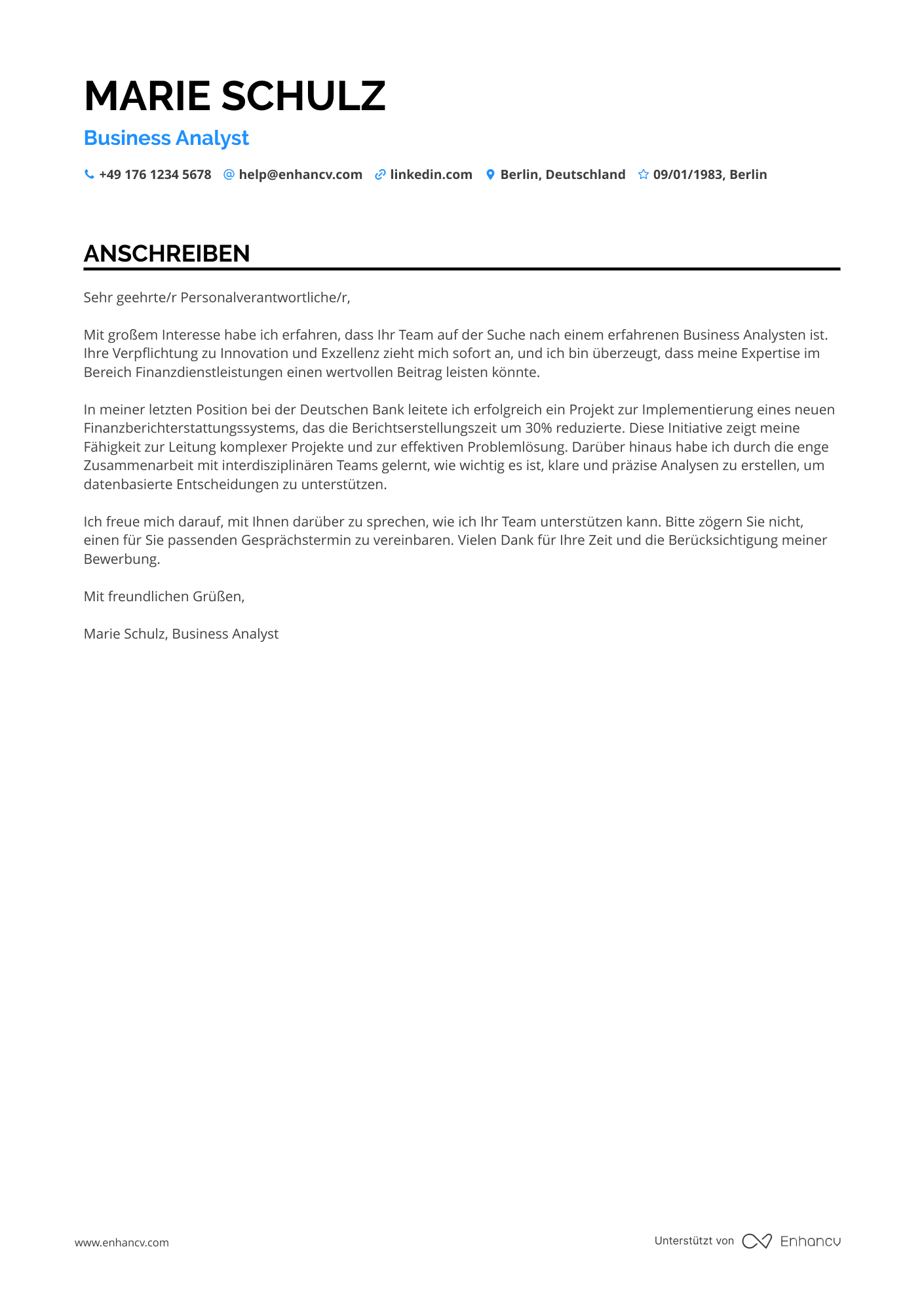 Business Analyst für Finanzdienstleistungen Resume Example