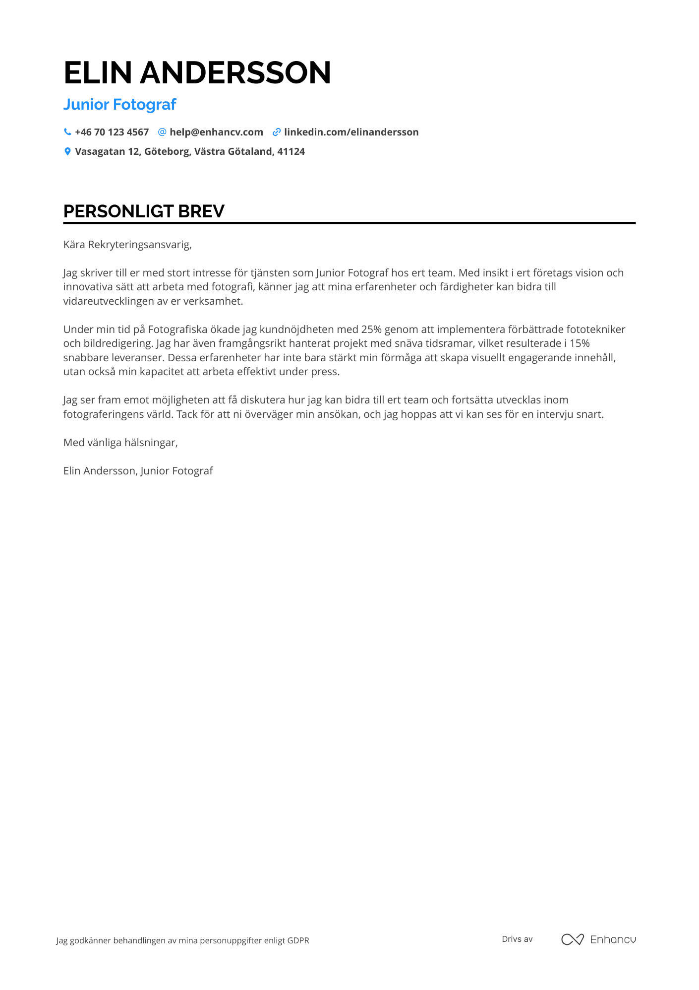 Personligt brev för Junior Fotograf Resume Example