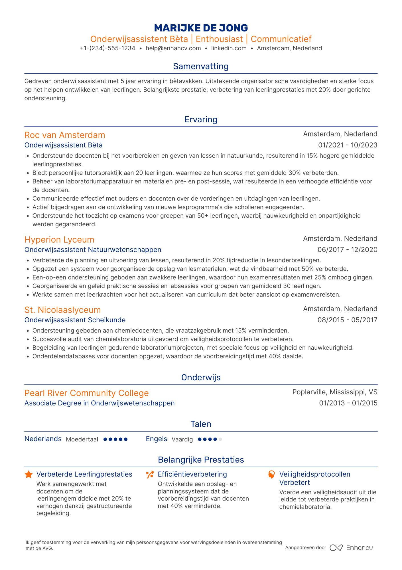 CV voor Onderwijsassistent Bèta Resume Example