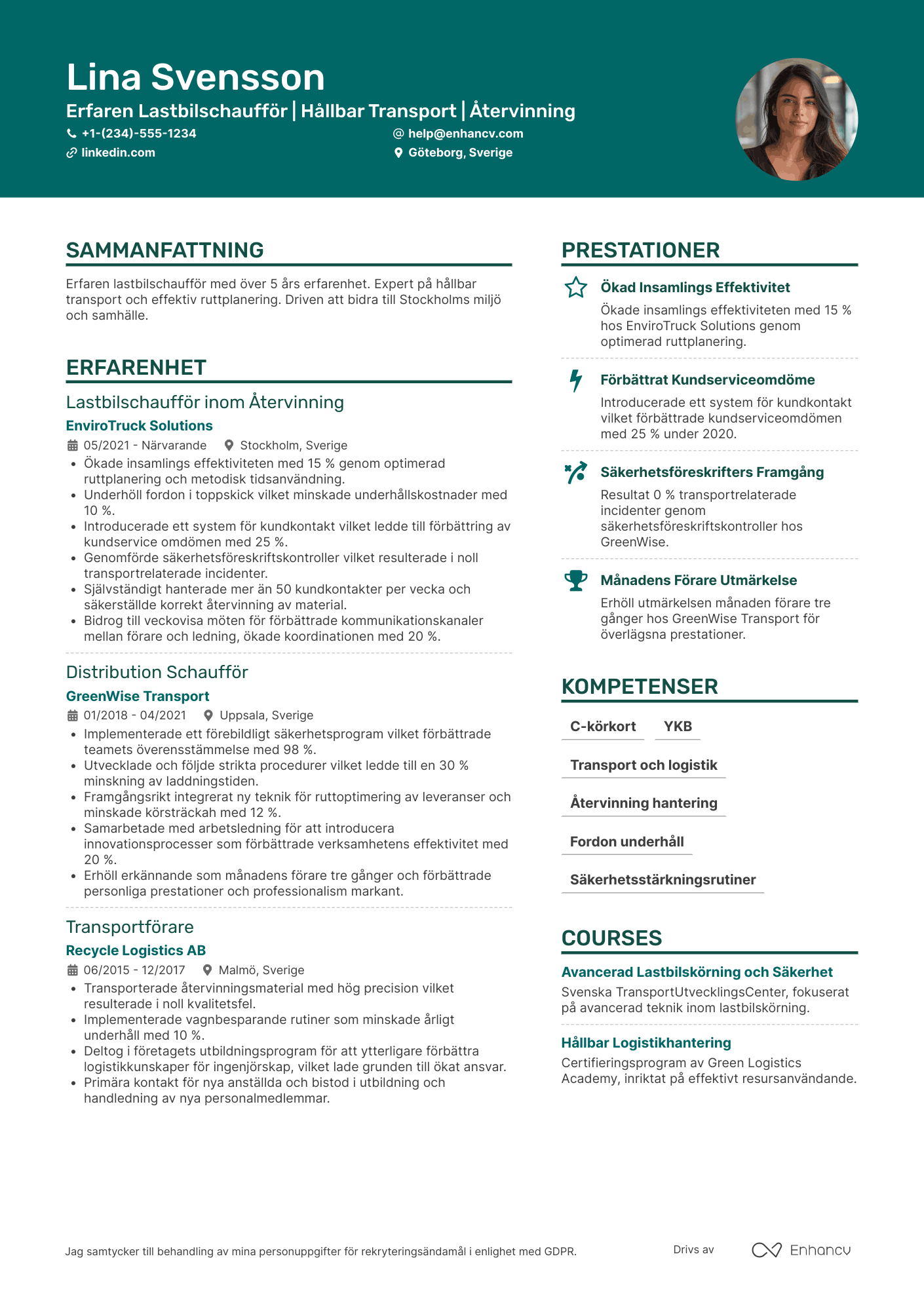 CV för Lastbilschaufför inom återvinning Resume Example