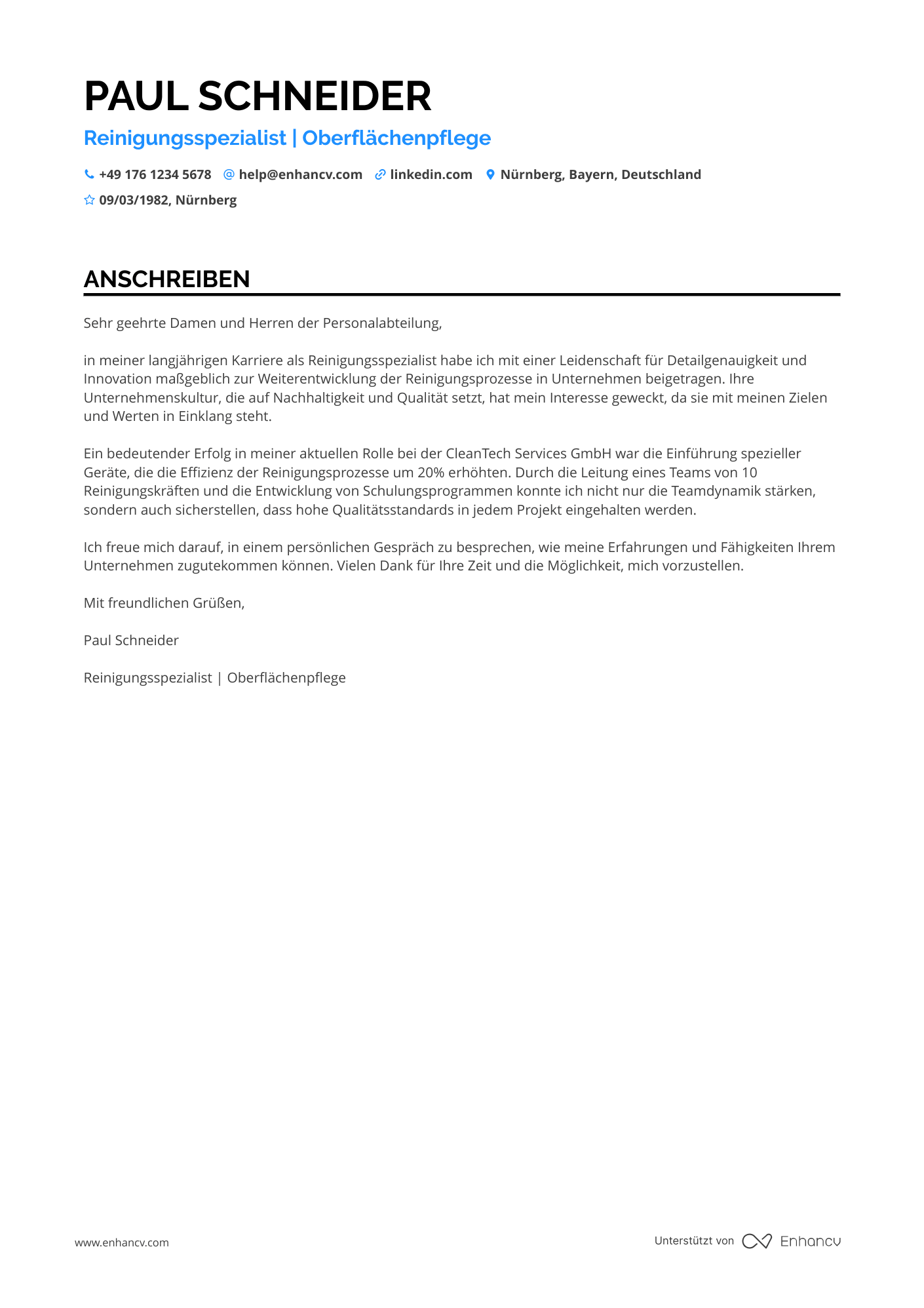 Reinigungskraft mit Spezialisierung Resume Example