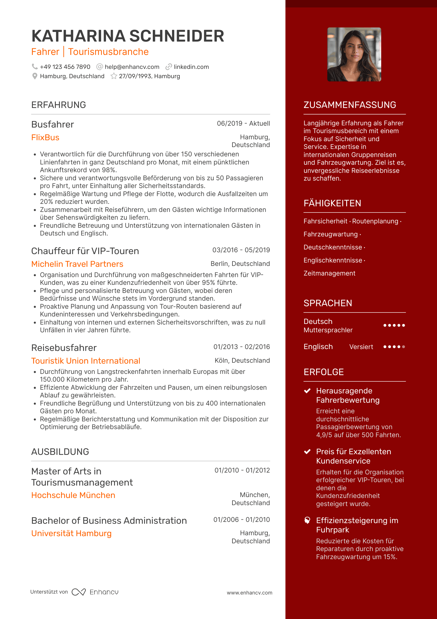 Lebenslauf in Fahrer in der Tourismusbranche Resume Example