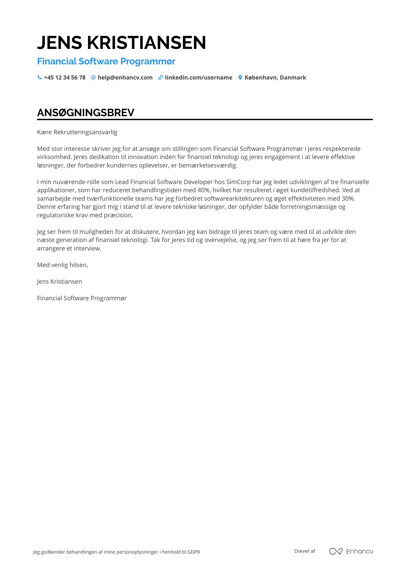 Ansøgningsbrev til Financial Software Programmør Resume Example