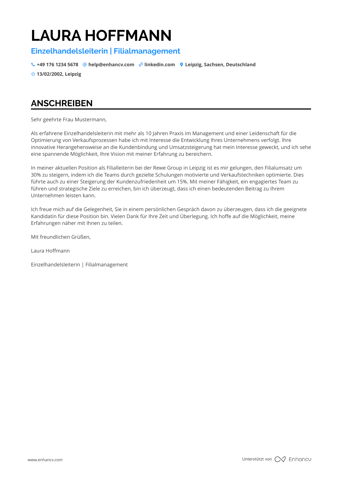 Einzelhandelsleiter Resume Example