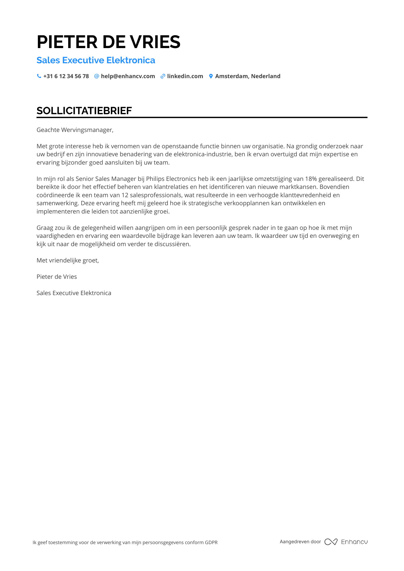 Sollicitatiebrief voor Sales executive elektronica Resume Example