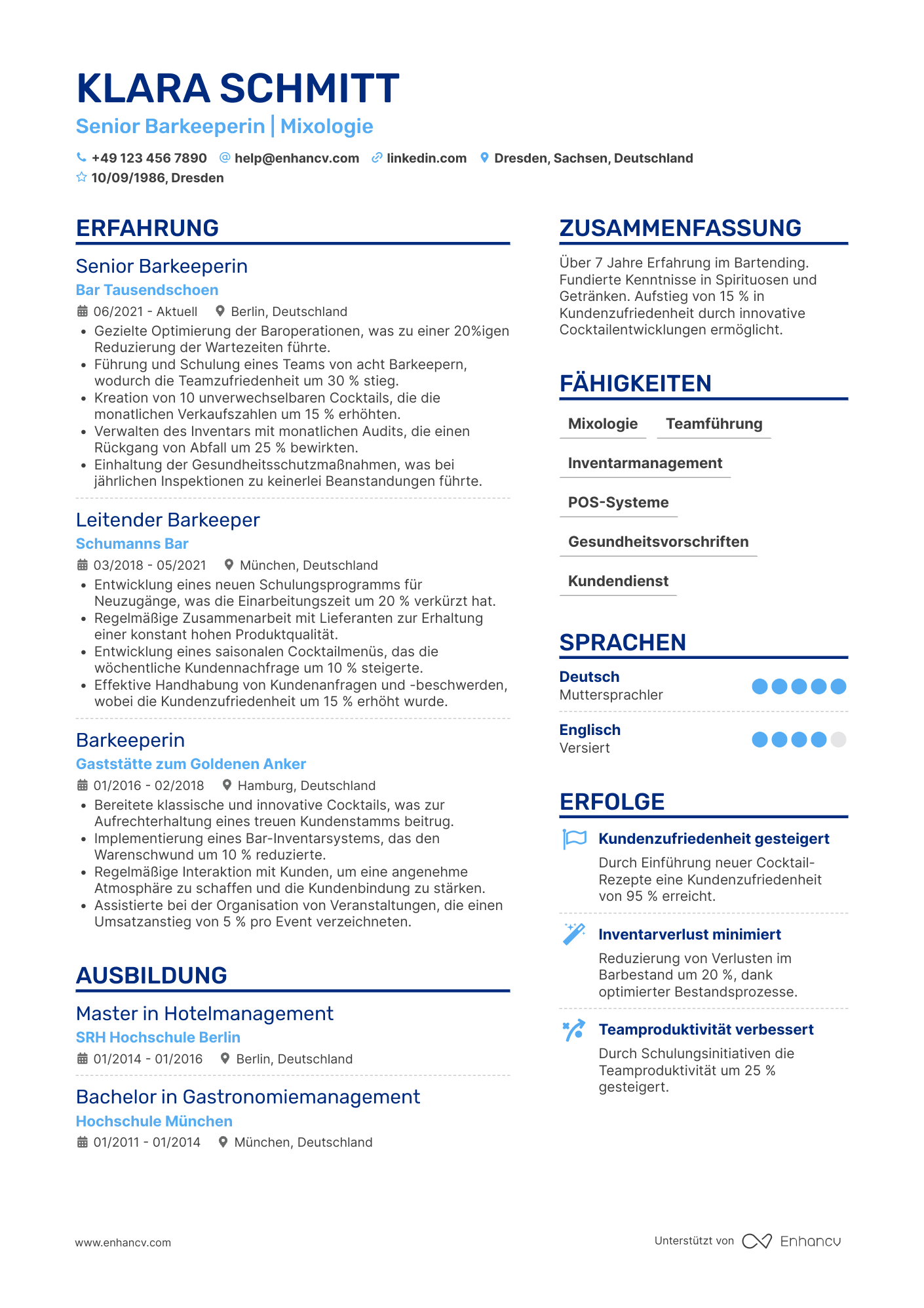 Lebenslauf als Senior Barmann Resume Example