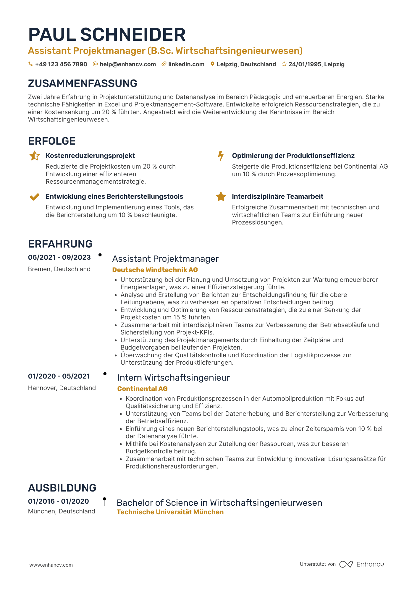 Lebenslauf als Junior Wirtschaftsingenieur Resume Example