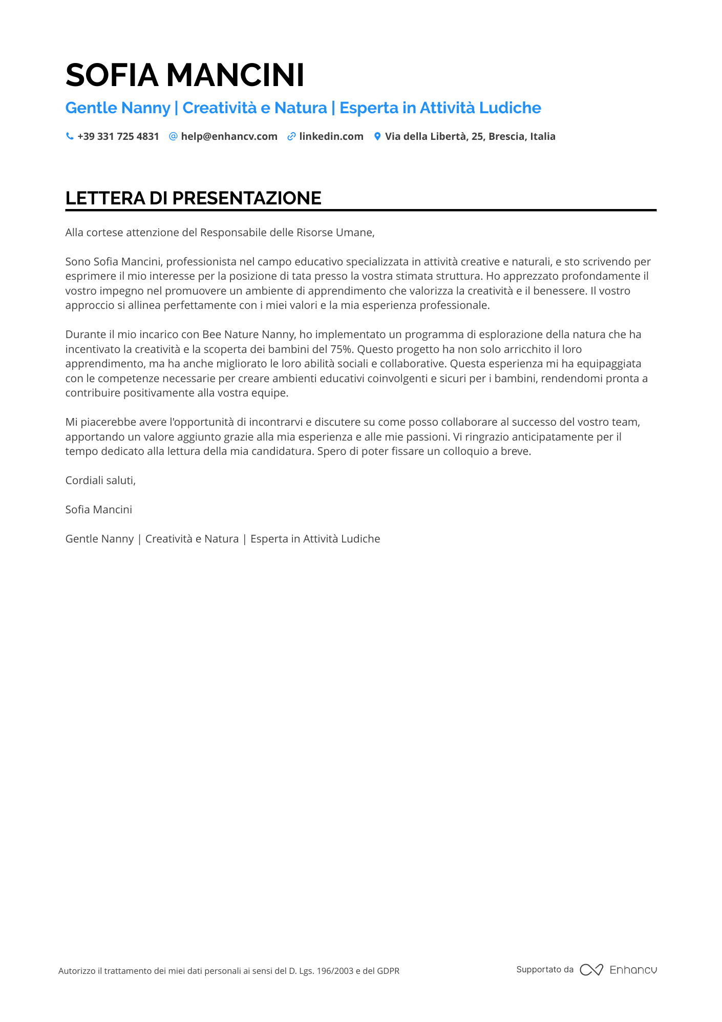 Badante per Bambini Resume Example