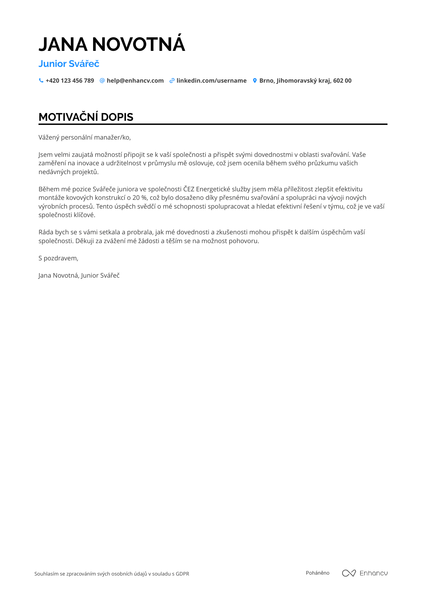 Motivační dopis pro Svářeč junior Resume Example