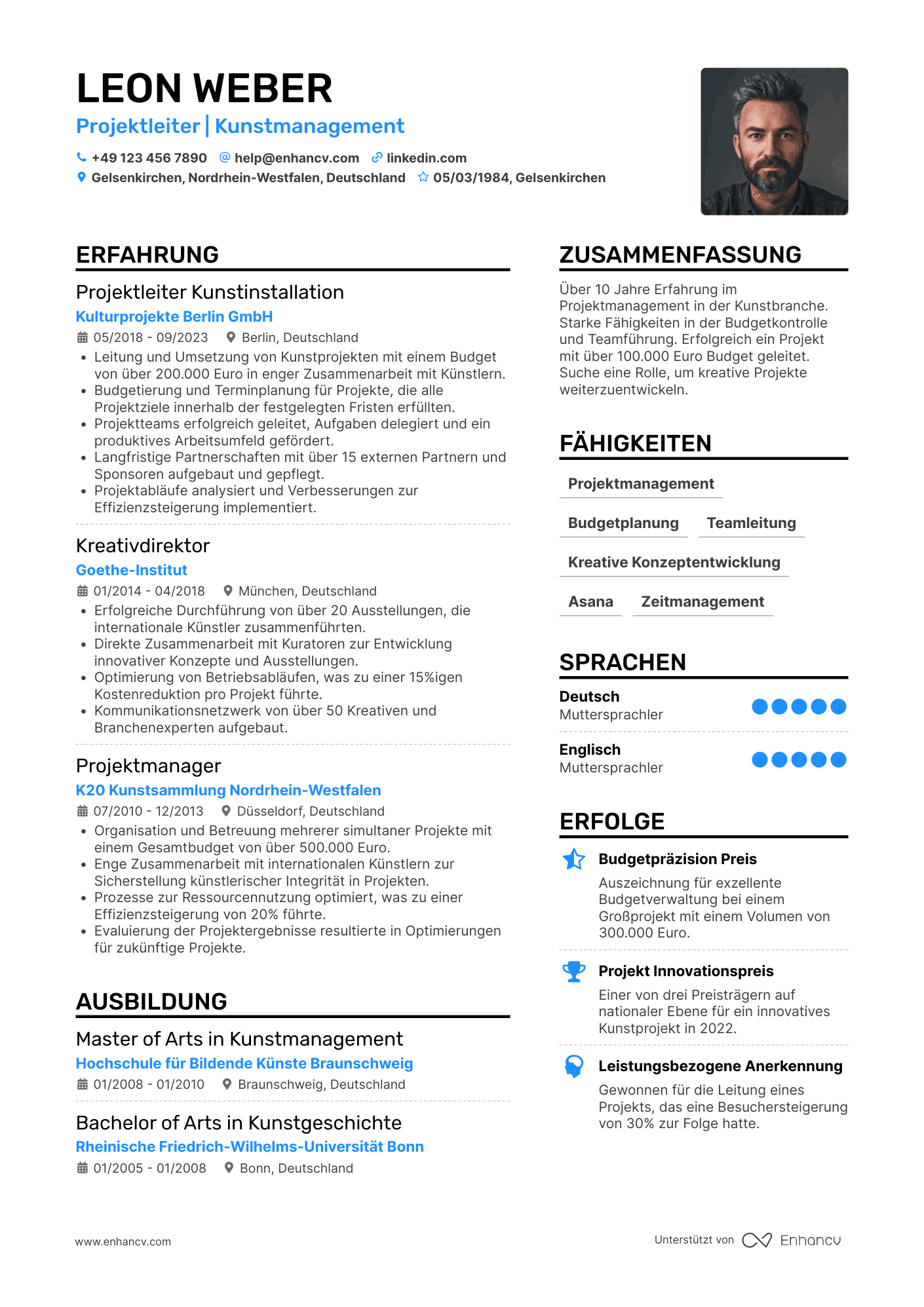 Lebenslauf als Künstlerischer Projektleiter Resume Example