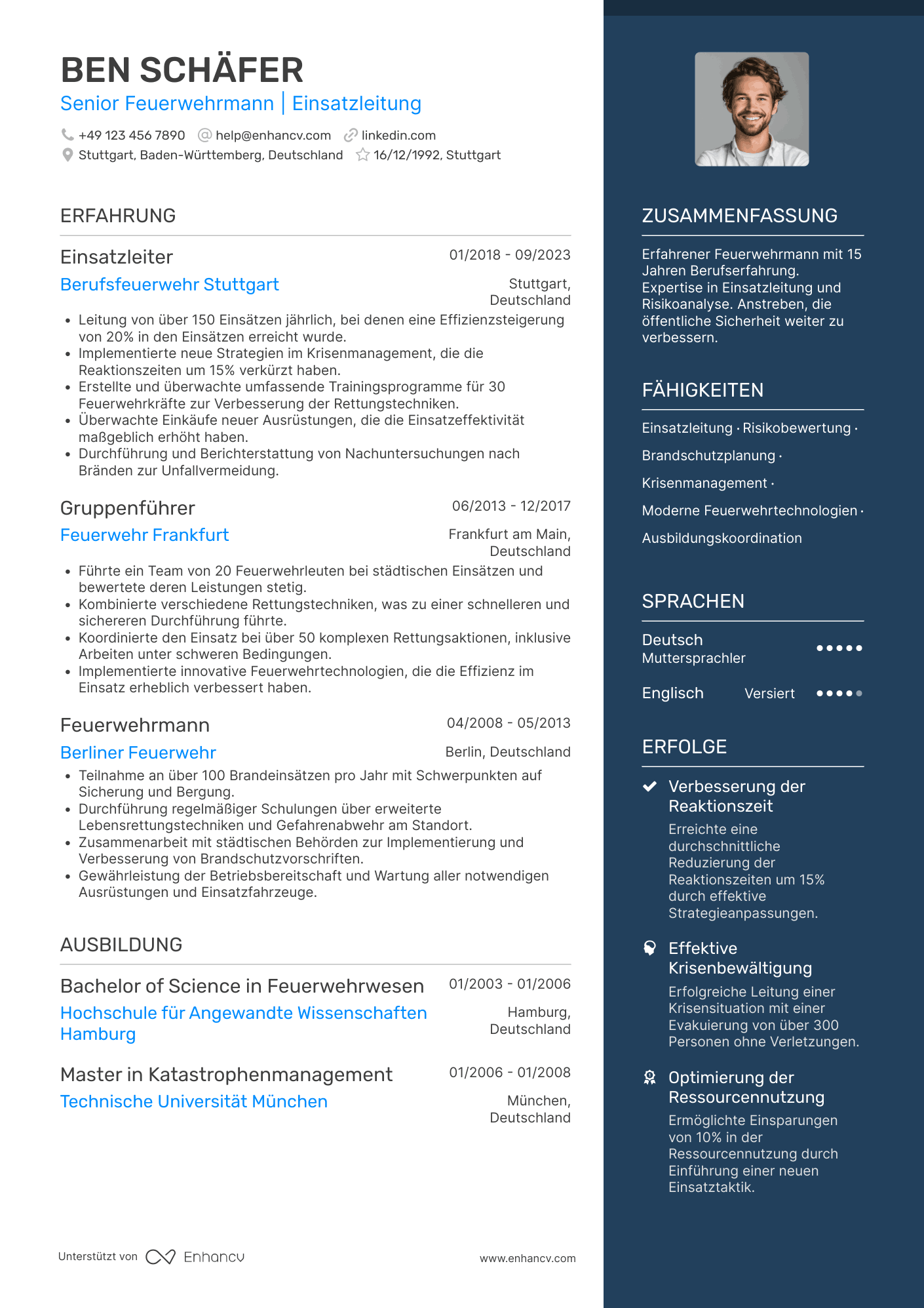 Lebenslauf als Feuerwehrmann im höheren Dienst Resume Example