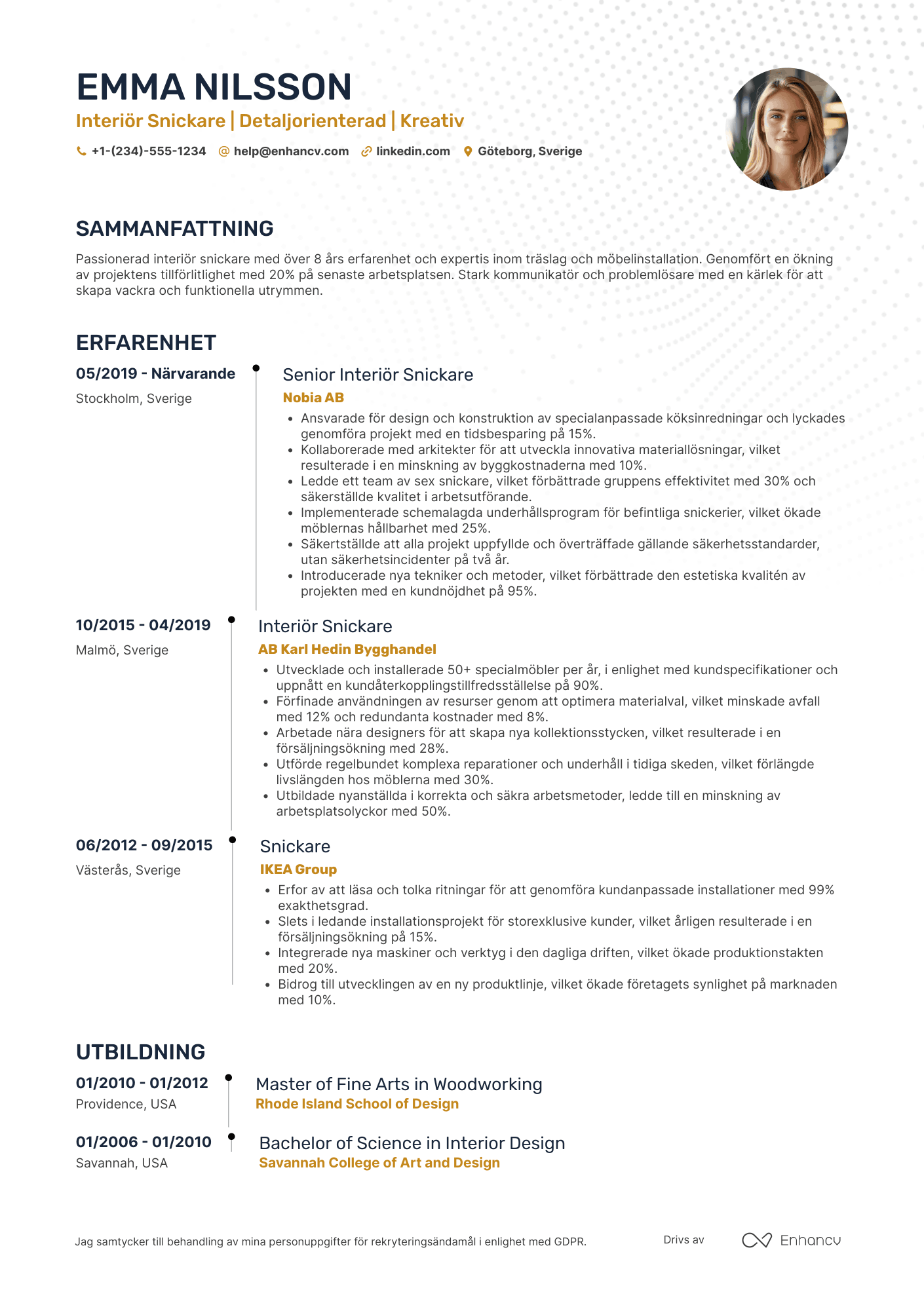 CV för Interiör Snickare Resume Example