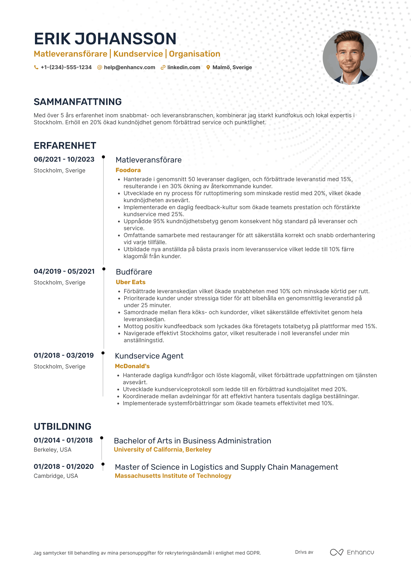CV för Matleverans Resume Example