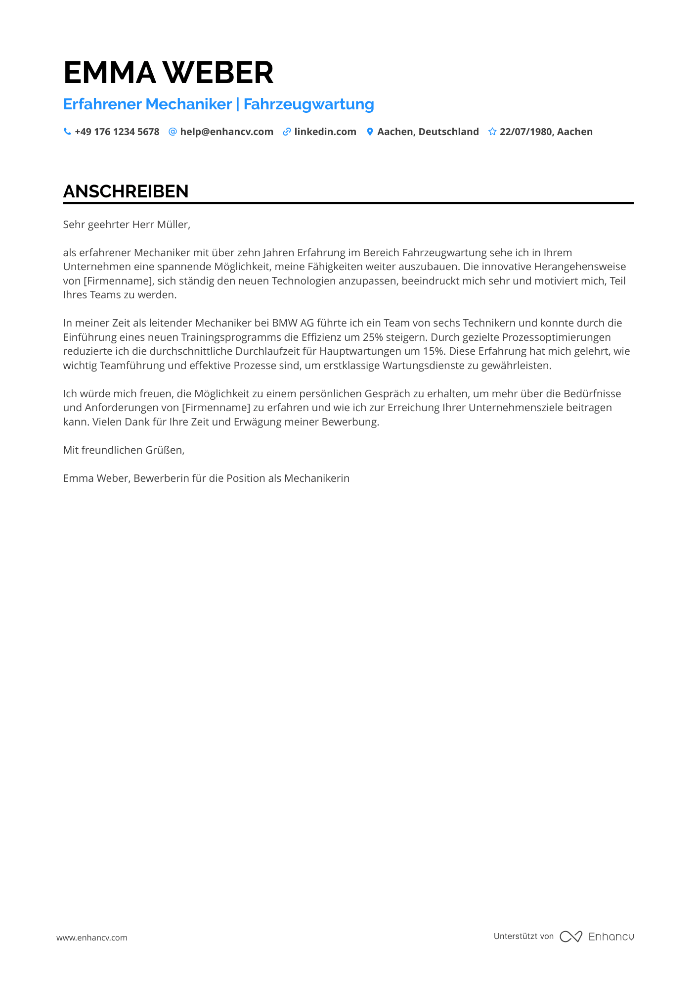 Erfahrener Mechaniker Resume Example